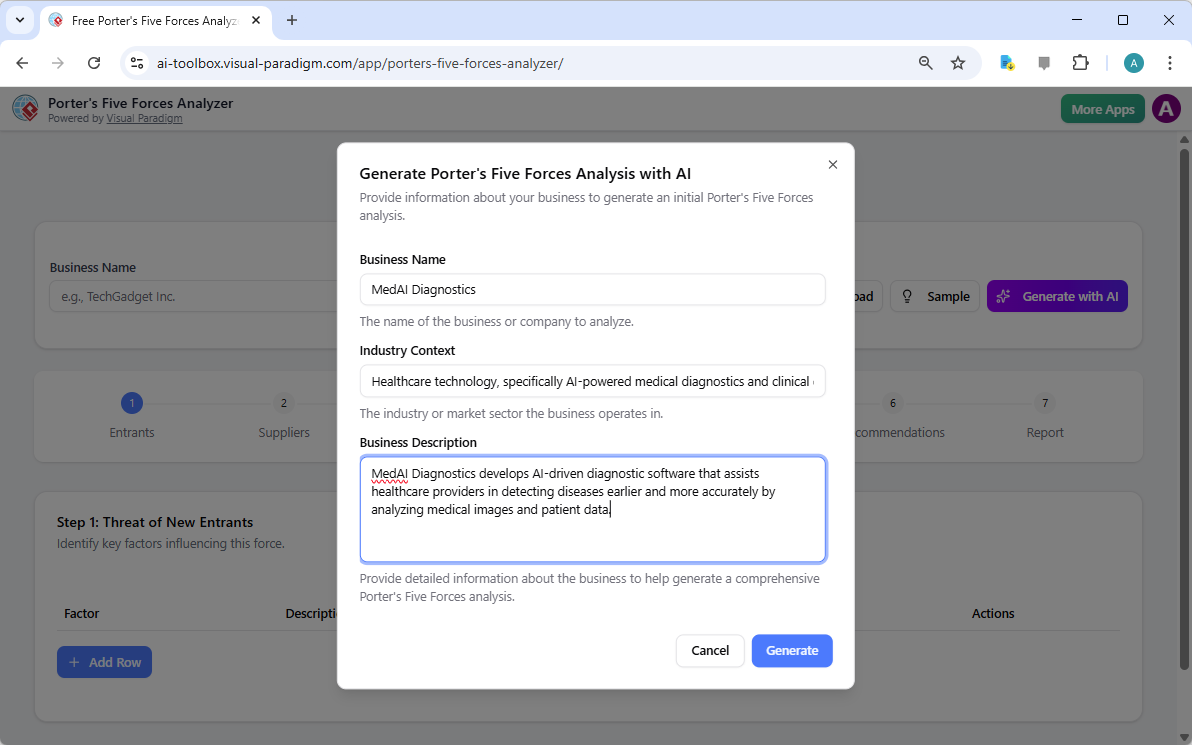 Domine seu mercado com o Analisador de Forças de Porter com IA da Visual Paradigm