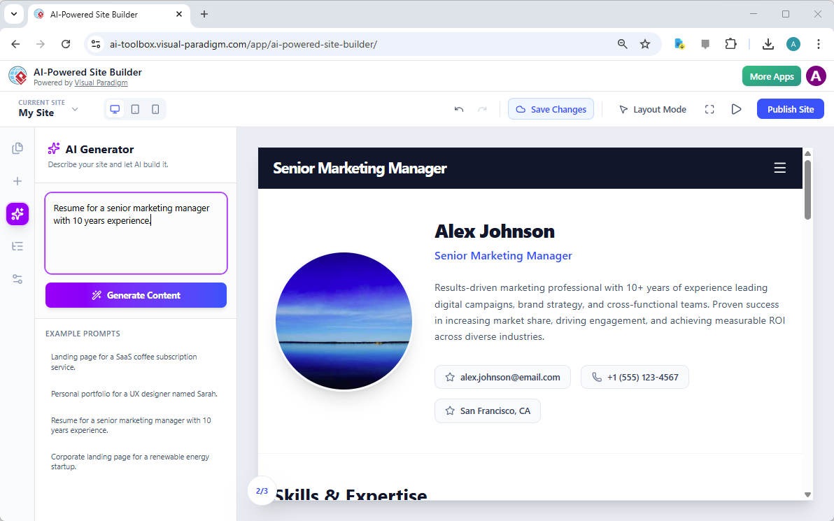 Tạo một bản sơ yếu lý lịch chuyên nghiệp trong vài phút với công cụ xây dựng trang web được hỗ trợ bởi AI