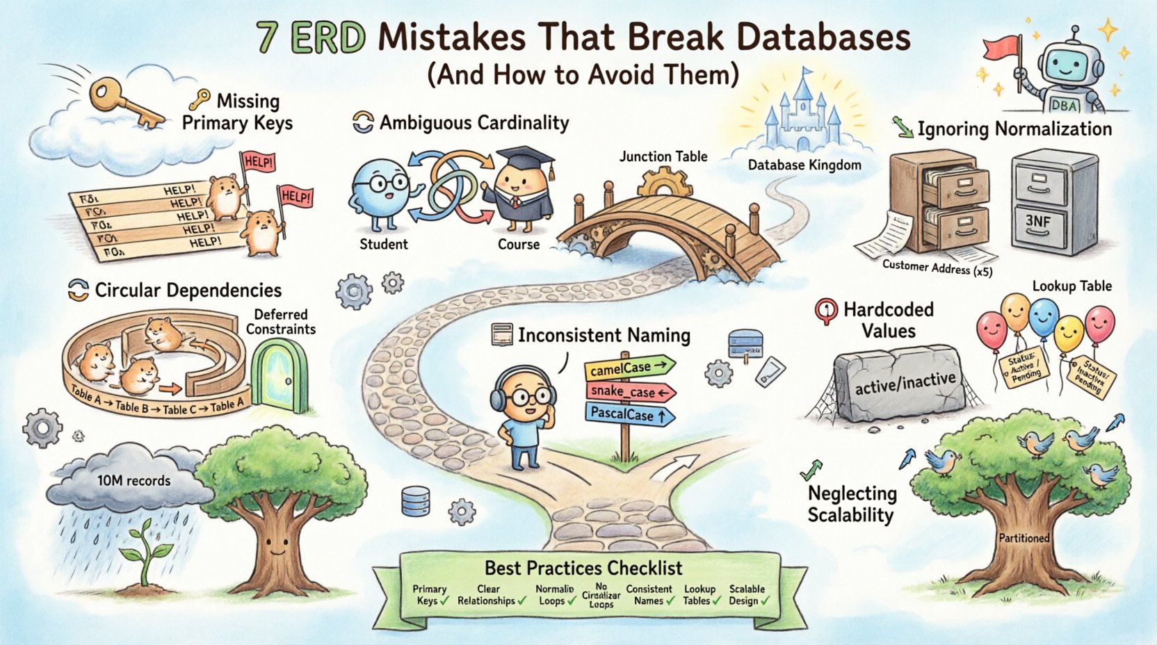 Whimsical infographic illustrating 7 common Entity Relationship Diagram mistakes that break databases: missing primary keys, ambiguous cardinality, poor normalization, circular dependencies, inconsistent naming, hardcoded values, and neglected scalability. Each pitfall is depicted with playful cartoon visuals and practical solutions, guiding developers toward robust, scalable database design best practices.