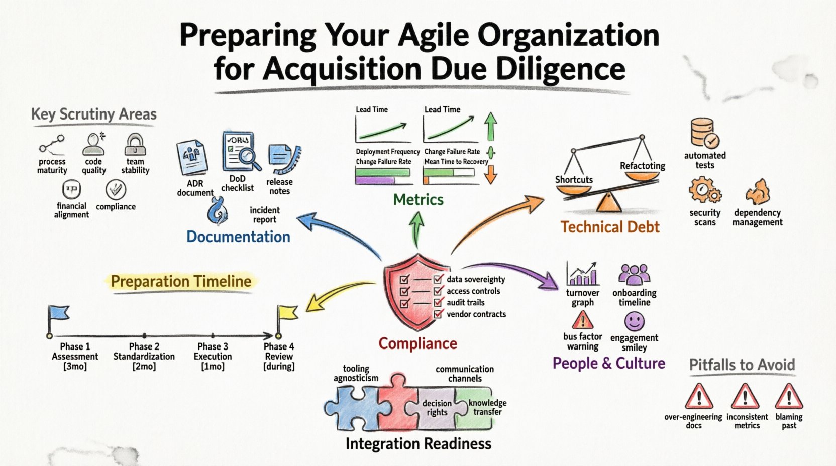Hand-drawn whiteboard infographic illustrating key strategies for preparing an agile organization for acquisition due diligence, featuring color-coded sections for documentation standards, DORA metrics (Lead Time, Deployment Frequency, Change Failure Rate, MTTR), technical debt management, team health indicators, compliance checklist, and a 4-phase preparation timeline with actionable milestones.