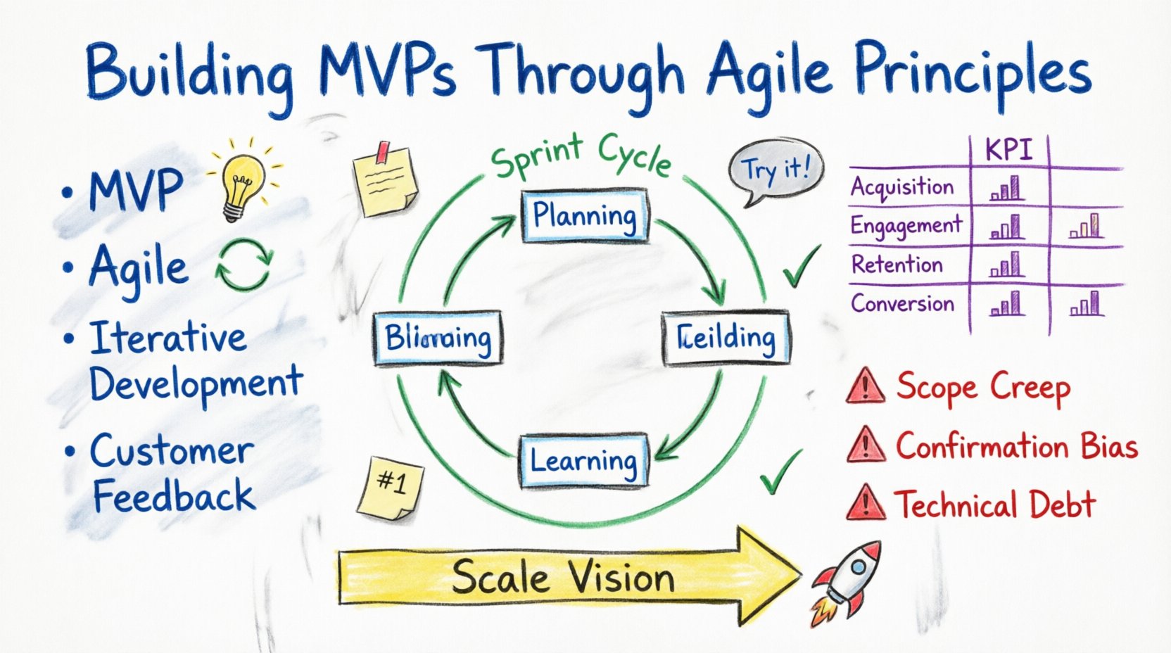 Hand-drawn whiteboard infographic illustrating how Agile principles guide Minimum Viable Product development, featuring a central Plan-Build-Measure-Learn iterative cycle in green, blue-coded core definitions (MVP, Agile, iterative development, customer feedback), orange discovery activities (user interviews, wireframing, assumption mapping), purple KPI metrics table (acquisition, engagement, retention, conversion), red warning icons for common pitfalls (scope creep, confirmation bias, technical debt), and yellow team culture elements, all rendered in colorful marker style on a textured whiteboard background with 16:9 aspect ratio