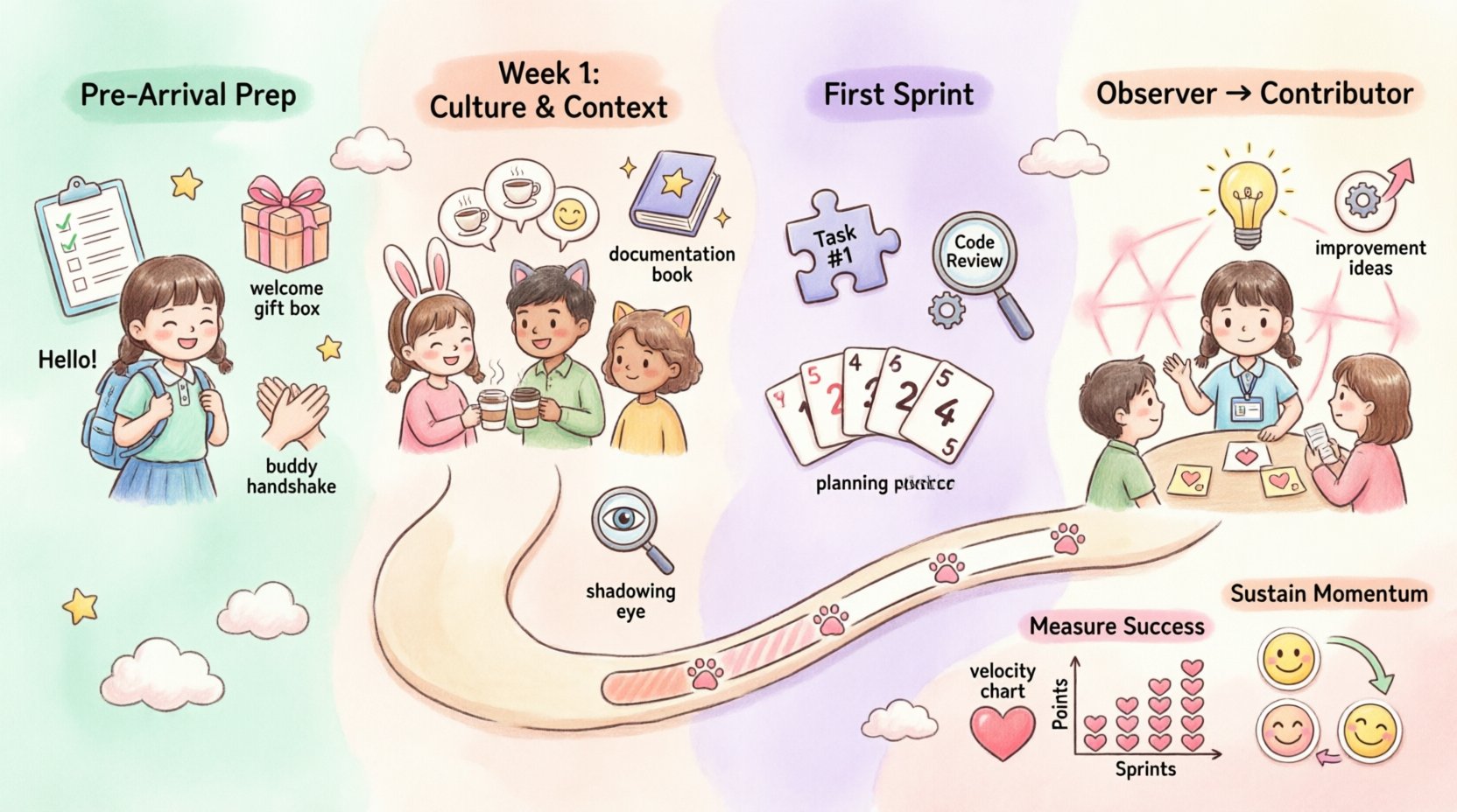 Kawaii-style infographic illustrating the four-phase Agile onboarding journey: Pre-Arrival Prep with welcome kit and buddy assignment, First Week culture immersion with team introductions and ceremony shadowing, First Sprint navigation with small tasks and code reviews, and Observer-to-Contributor transition featuring leadership opportunities and cross-functional collaboration; includes cute chibi characters, pastel color palette, Agile workflow icons, and visual metrics for measuring onboarding success