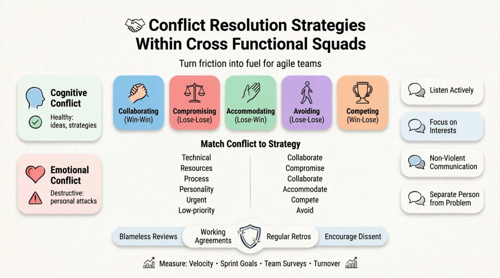 Infographic: Conflict Resolution Strategies Within Cross Functional Squads - Flat design visualization showing cognitive vs emotional conflict types, five Thomas-Kilmann resolution frameworks (Collaborating, Compromising, Accommodating, Avoiding, Competing), root causes of team friction, communication techniques, conflict-to-strategy matching table, psychological safety pillars, and team health metrics. Features pastel colors, black outline icons, rounded shapes, and clean layout optimized for agile teams, students, and social media sharing.