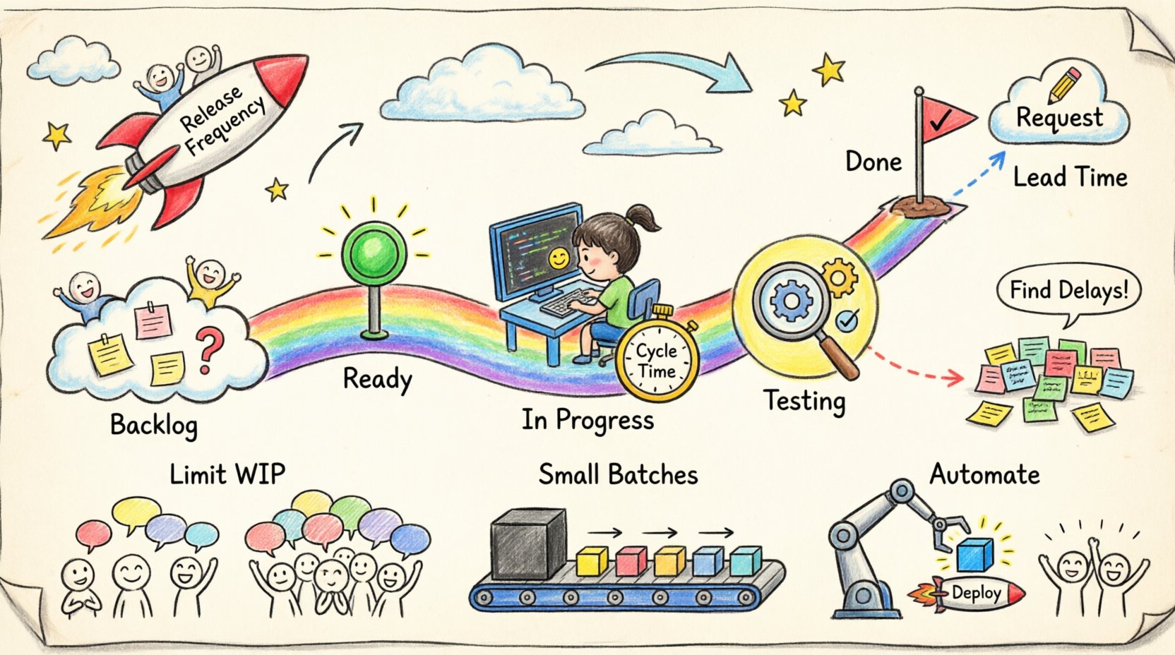 Child-style drawing infographic explaining cycle time measurement for Agile software development, featuring a colorful workflow roadmap from backlog to done, cycle time vs lead time comparison, bottleneck visualization with traffic jam metaphor, and three key optimization strategies: limiting work in progress, using small batches, and automating pipelines, all illustrated with playful crayon art, happy team characters, and a rocket ship representing optimized release frequency