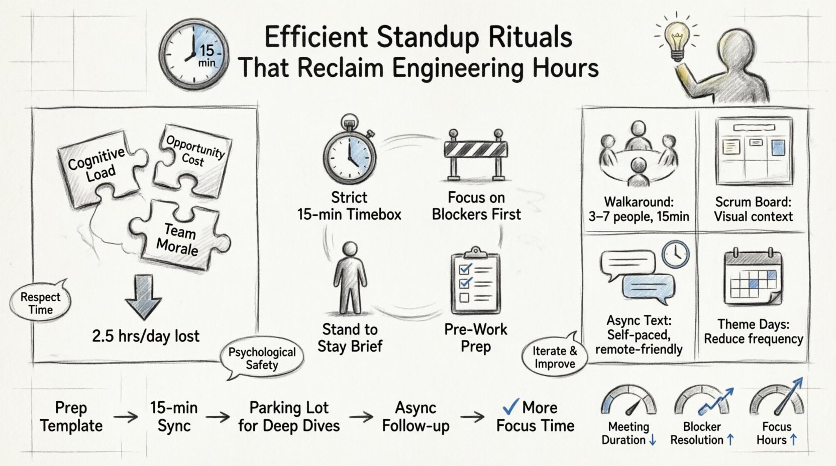 Sketch-style infographic illustrating efficient daily standup rituals for engineering teams: shows core principles (15-min timebox, focus on blockers, standing posture, pre-work), format comparisons (walkaround, scrum board review, async text, theme days), preparation workflow, blocker handling strategies, async alternatives, and key success metrics to reclaim engineering focus time and boost productivity