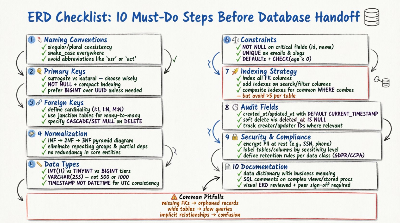 Hand-drawn whiteboard infographic illustrating 10 essential steps for validating an Entity Relationship Diagram (ERD) before database handoff: naming conventions, primary key strategy, foreign key mapping, normalization rules, data type selection, constraints enforcement, indexing strategy, audit fields, security compliance, and schema documentation, with color-coded markers and visual icons for each concept