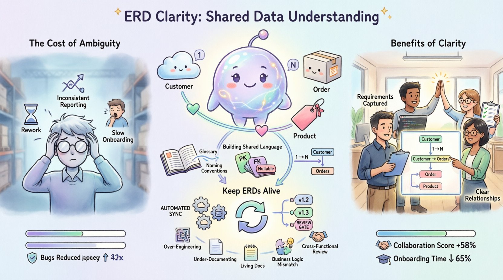 A kawaii-style infographic illustrating ERD (Entity Relationship Diagram) clarity for software teams, featuring cute pastel-colored database entities as friendly characters, stakeholder collaboration scenes with Business Analysts, Developers, Data Analysts and QA Engineers, visual metaphors comparing data ambiguity fog versus clear shared understanding, and key metrics like reduced bugs and faster delivery, all rendered in simplified rounded vector shapes with soft lavender, mint green, peach and baby blue tones on a 16:9 layout