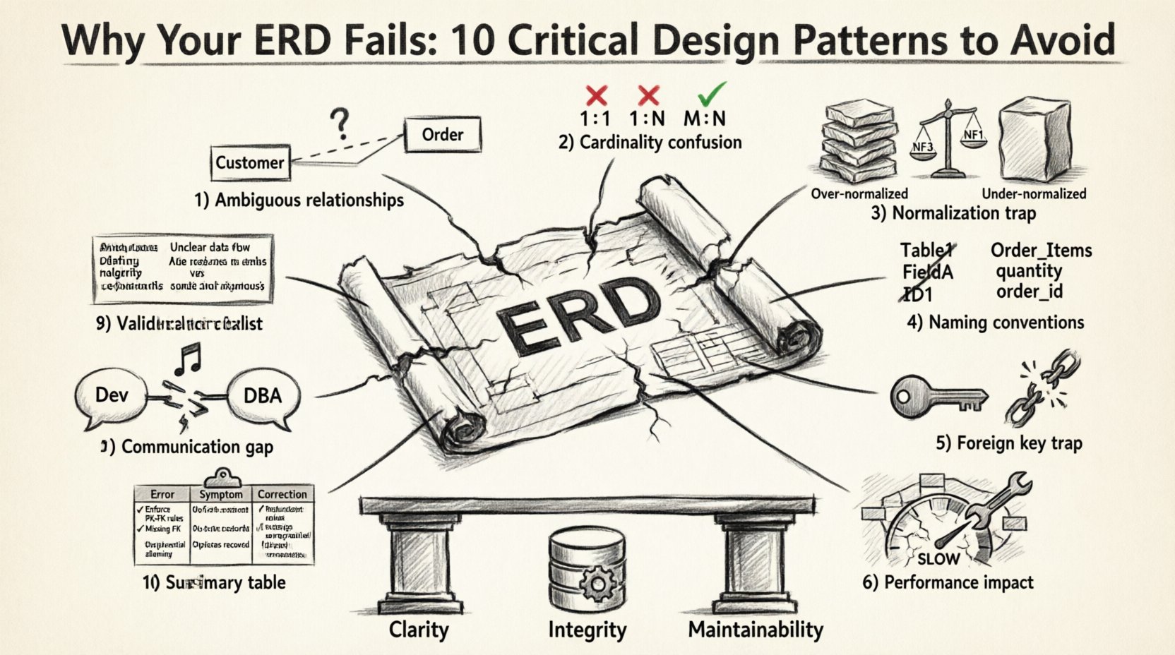 Charcoal sketch infographic illustrating 10 critical Entity Relationship Diagram design failures: ambiguous relationships, cardinality confusion, normalization traps, poor naming conventions, foreign key misconfigurations, performance implications, maintenance challenges, validation checklist, communication gaps, and pattern summary table. Visual features cracked ERD blueprint with warning symbols, relationship diagrams with correct/incorrect patterns, balance scales for normalization, and three foundational pillars labeled Clarity, Integrity, and Maintainability supporting database stability.