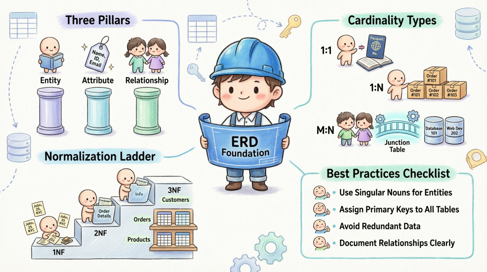 Chibi-style infographic explaining Entity-Relationship Diagram (ERD) fundamentals for database design, featuring cute characters illustrating entities, attributes, relationships, cardinality types (1:1, 1:N, M:N), normalization forms, and best practices for building scalable database architectures