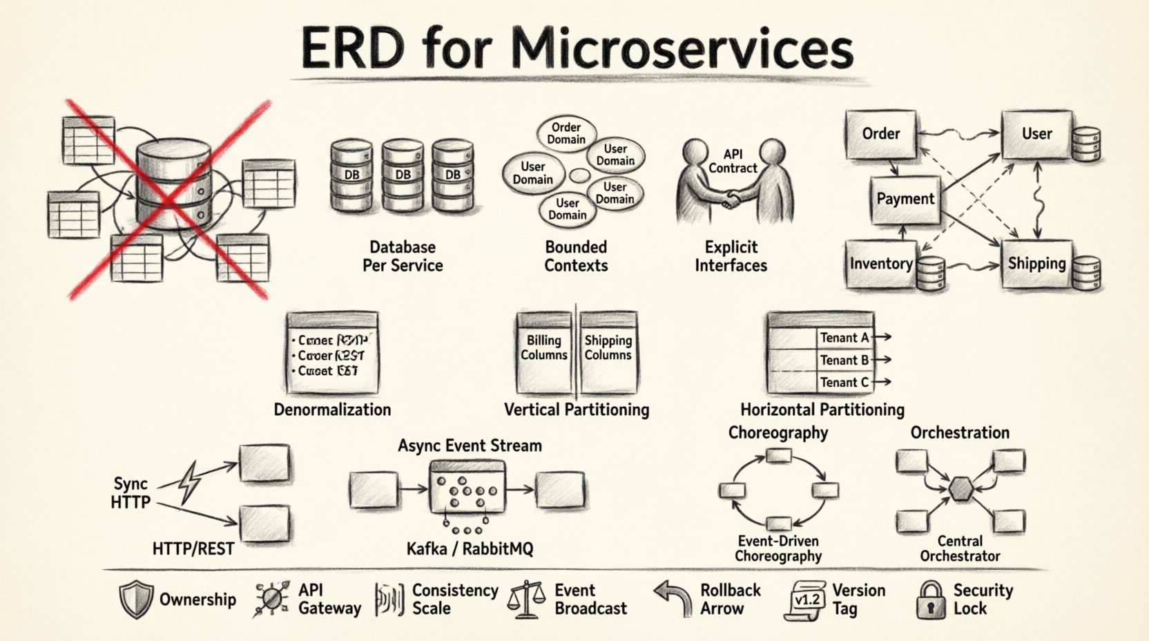 Charcoal contour sketch infographic illustrating ERD design principles for microservices: contrasts monolithic vs distributed data models, showcases database-per-service architecture, bounded contexts, explicit API interfaces, schema patterns (denormalization, vertical/horizontal partitioning), synchronous and asynchronous communication flows, saga pattern choreography vs orchestration, and governance checklist for scalable, resilient distributed systems