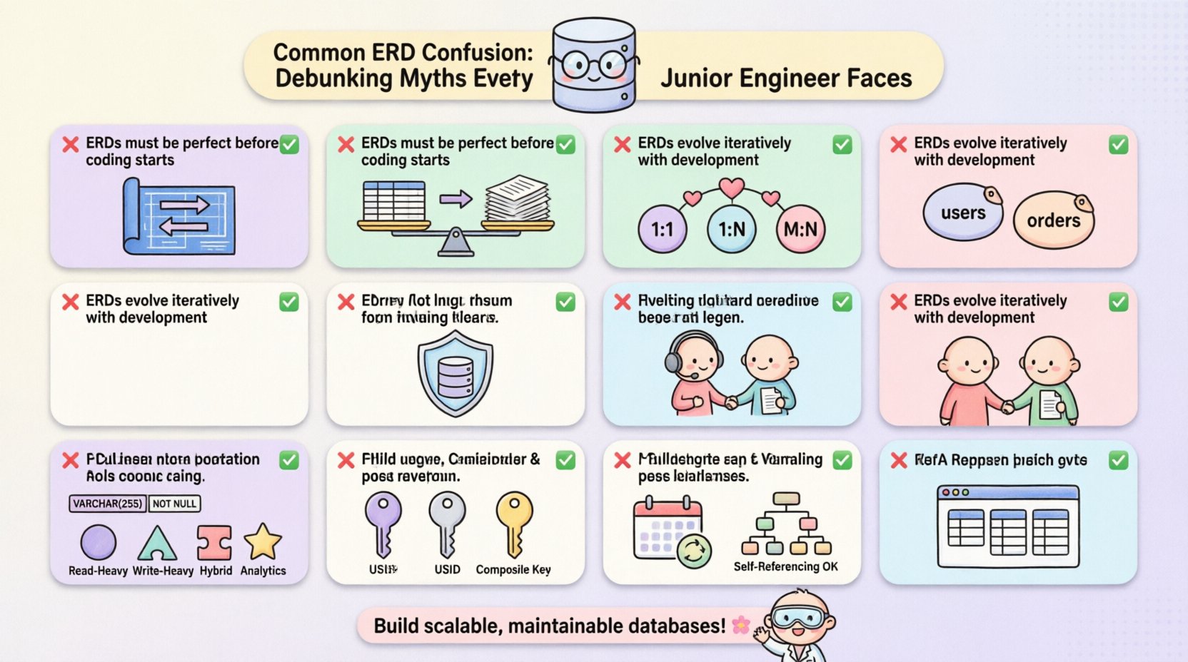 Kawaii-style infographic debunking 12 common Entity-Relationship Diagram myths for junior engineers, featuring cute pastel vector illustrations of database design concepts: iterative modeling, normalization balance, cardinality relationships, naming conventions, foreign key integrity, collaborative design, use-case optimization, attribute details, primary key options, continuous iteration, complex relationships, and views versus tables, all with rounded shapes and soft colors for approachable learning