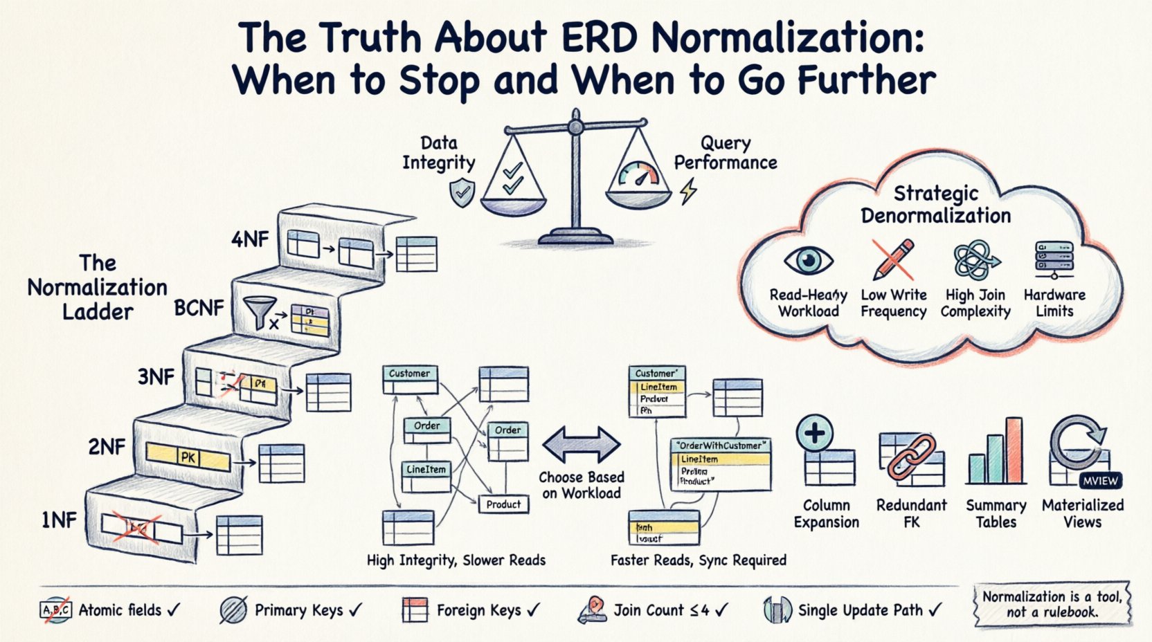 Hand-drawn infographic explaining ERD database normalization trade-offs: visual ladder of 1NF through 4NF forms, balance scale weighing data integrity against query performance, strategic denormalization triggers and techniques, side-by-side comparison of normalized versus denormalized schema designs, and a practical decision framework checklist for software engineers designing robust, scalable data models