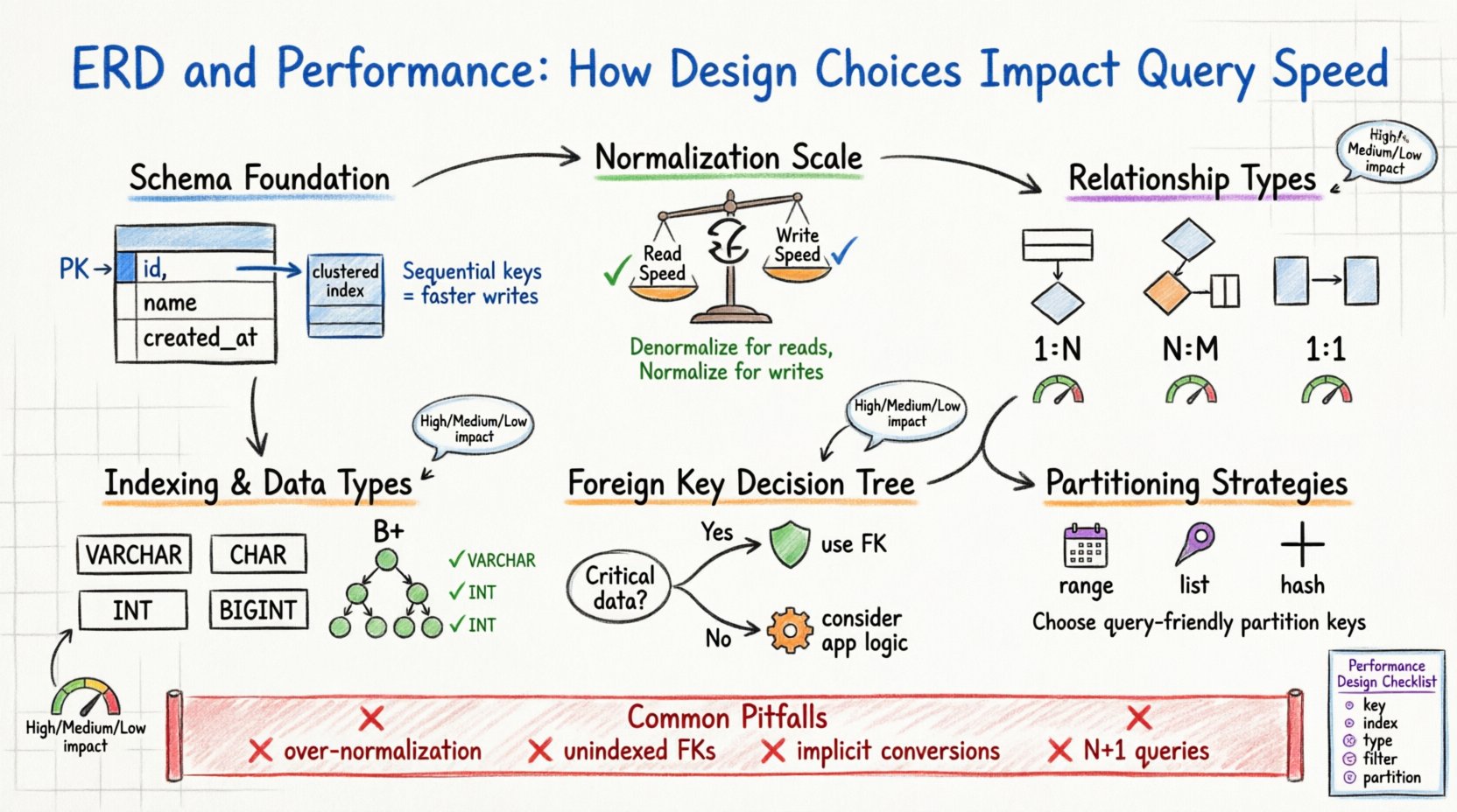 Hand-drawn whiteboard infographic illustrating how Entity Relationship Diagram design choices impact database query performance. Color-coded marker sections cover: primary key optimization (sequential integers for faster writes), normalization trade-offs (balance scale showing read vs write speed), relationship cardinality types (1:N, N:M, 1:1 with performance indicators), indexing strategies and data type selection, foreign key decision guidelines, partitioning approaches (range, list, hash), and common pitfalls to avoid (over-normalization, unindexed FKs, implicit conversions, N+1 queries). Blue markers highlight structural concepts, green shows recommendations, red flags warnings, orange indicates trade-offs, and purple details technical specifications. Includes a performance design checklist and impact summary table for quick reference.