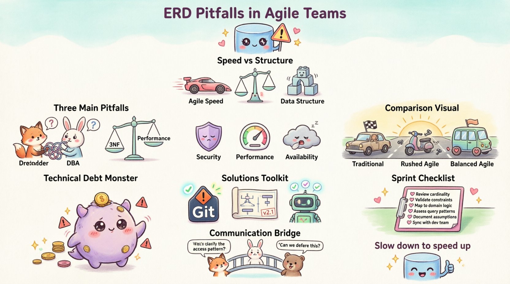 Kawaii-style infographic illustrating common Entity Relationship Diagram pitfalls in agile software development teams, featuring cute characters explaining speed vs structure tension, cardinality errors, normalization balance, technical debt consequences, and best practices for iterative schema evolution, model-driven workflows, and cross-role communication in sprint planning