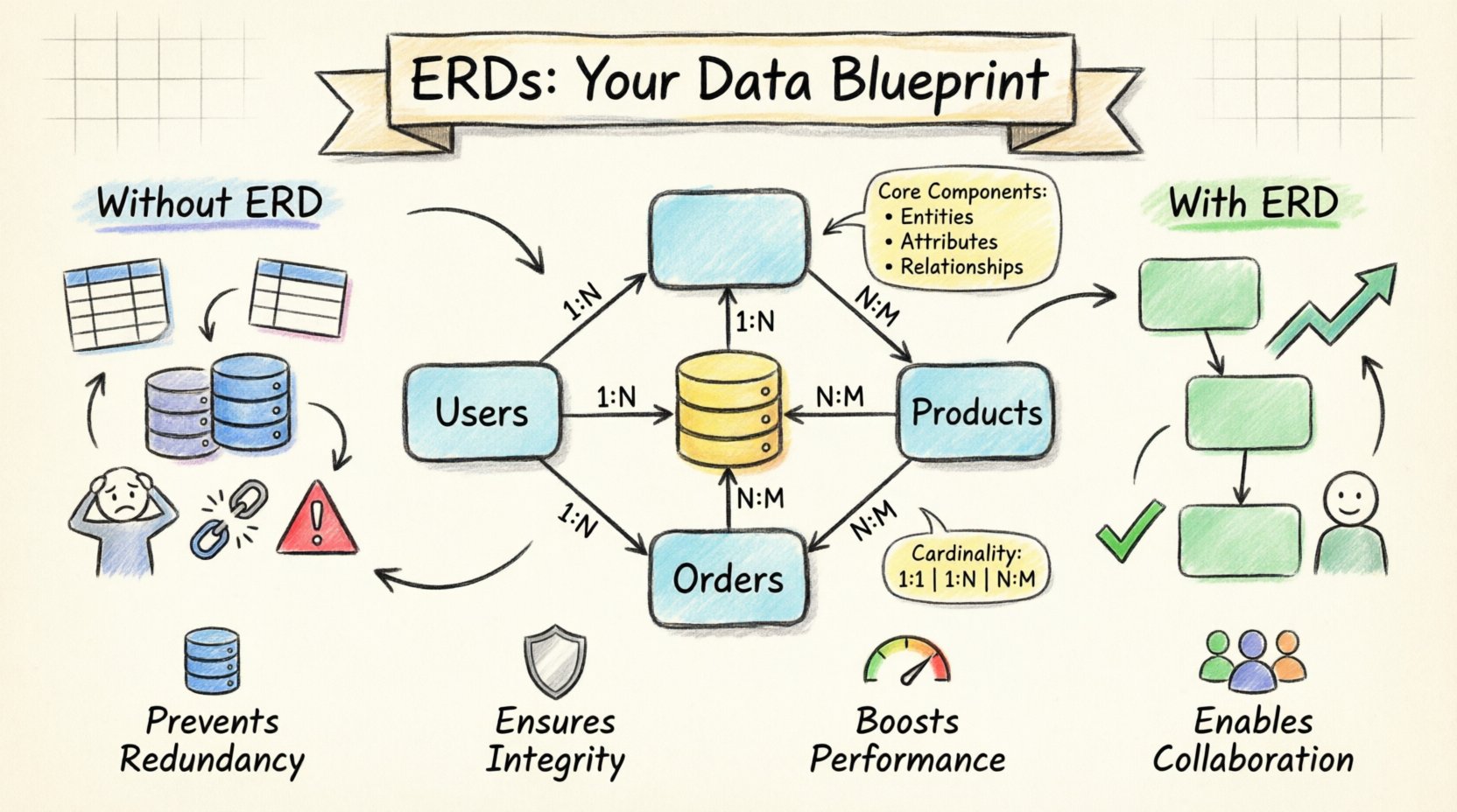 Hand-drawn infographic showing how Entity Relationship Diagrams prevent data chaos in growing applications, featuring core ERD components (entities, attributes, relationships), a visual comparison of disorganized versus structured data architecture, cardinality types (1:1, 1:N, N:M), and key benefits including redundancy prevention, referential integrity, query performance optimization, and improved team collaboration