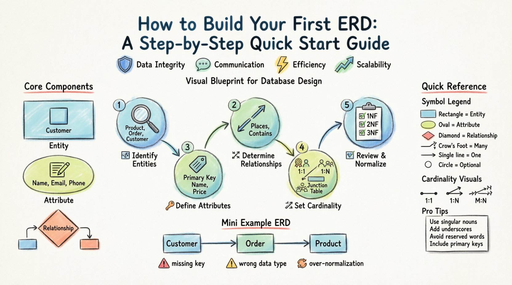Marker-style infographic illustrating how to build your first Entity Relationship Diagram (ERD): features core components (entities, attributes, relationships), Crow's Foot notation symbols, a 5-step workflow (identify entities, define attributes, determine relationships, establish cardinality, review and normalize), cardinality types (one-to-one, one-to-many, many-to-many), naming best practices, and common database design pitfalls to avoid
