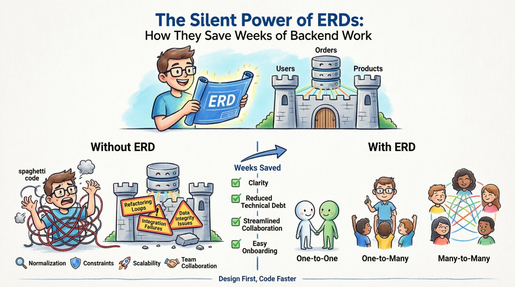 Cartoon infographic illustrating how Entity Relationship Diagrams (ERDs) save weeks of backend development work, showing ERD components (entities, attributes, relationships), three relationship types (one-to-one, one-to-many, many-to-many), benefits like reduced technical debt and streamlined collaboration, and comparison of chaotic coding without ERD versus organized architecture with ERD blueprint