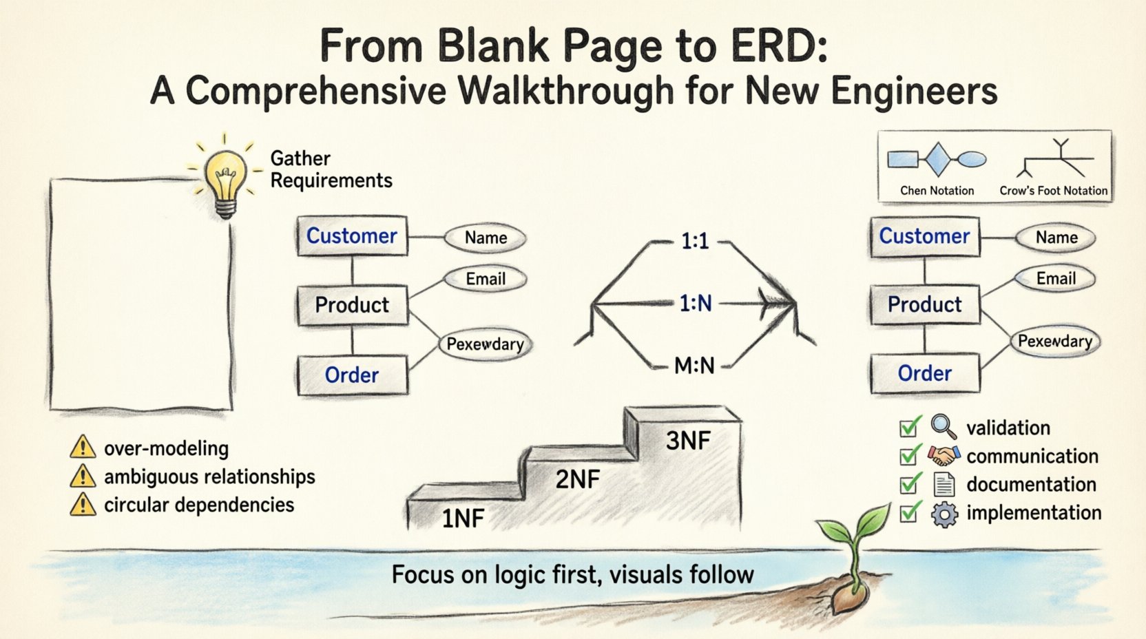 Sketch-style infographic illustrating the complete Entity Relationship Diagram (ERD) creation workflow for new software engineers, showing step-by-step process from requirements gathering to database implementation, including entities, attributes, relationships, cardinality notation (1:1, 1:N, M:N), Crow's Foot vs Chen notation comparison, normalization steps, common pitfalls to avoid, and best practices for maintainable database design