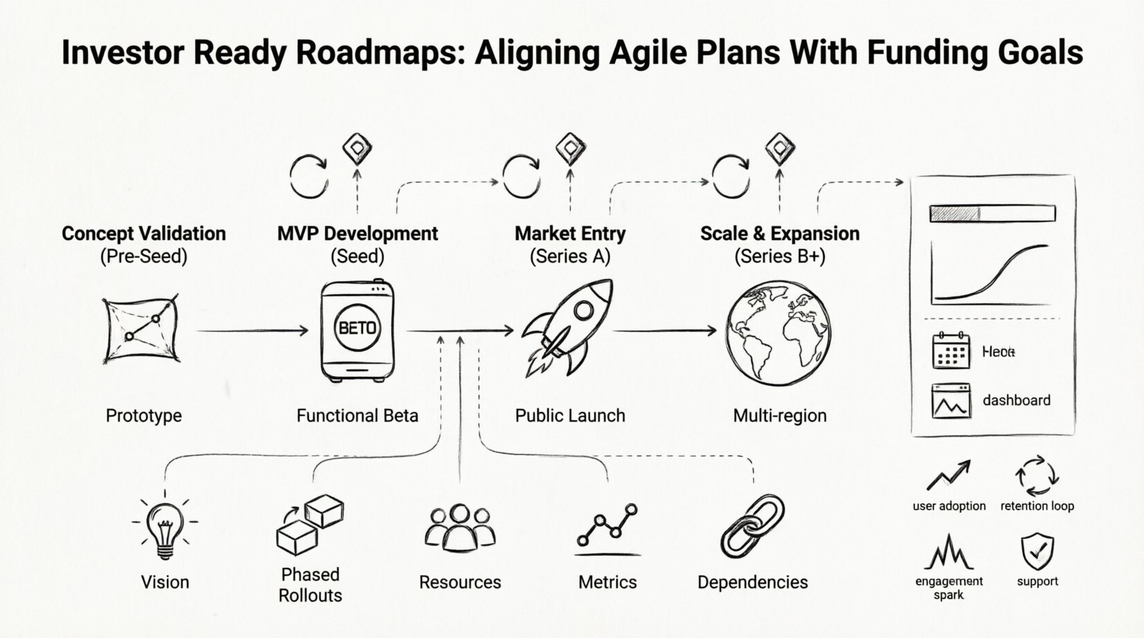 Line art infographic illustrating how to align agile development roadmaps with investor funding goals. Features a horizontal timeline showing four development phases (Concept Validation/Pre-Seed, MVP Development/Seed, Market Entry/Series A, Scale & Expansion/Series B+) with corresponding deliverables and investor focus areas. Visualizes agile sprint cycles feeding into milestone checkpoints, five core roadmap components (Vision, Phased Rollouts, Resource Requirements, Success Metrics, Dependencies), transparent reporting elements, and key success metrics including user adoption, retention, engagement, conversion, and support load. Designed to help startups communicate technical progress as financial value to secure funding.
