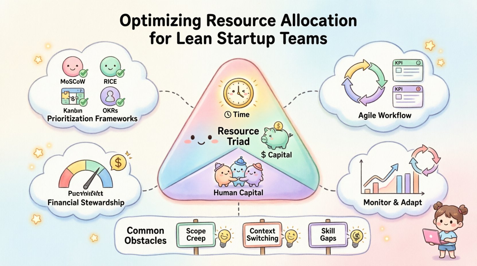 Kawaii cute vector infographic illustrating resource allocation strategies for lean startup teams, featuring a pastel-colored Resource Triad (Time, Capital, Human Capital) at center, surrounded by modules for prioritization frameworks (MoSCoW, RICE, Kanban, OKRs), Agile sprint workflows, financial stewardship metrics, and monitoring KPIs, with simplified rounded icons, soft pastel colors, and a friendly mascot character, designed in 16:9 aspect ratio for educational content about startup efficiency