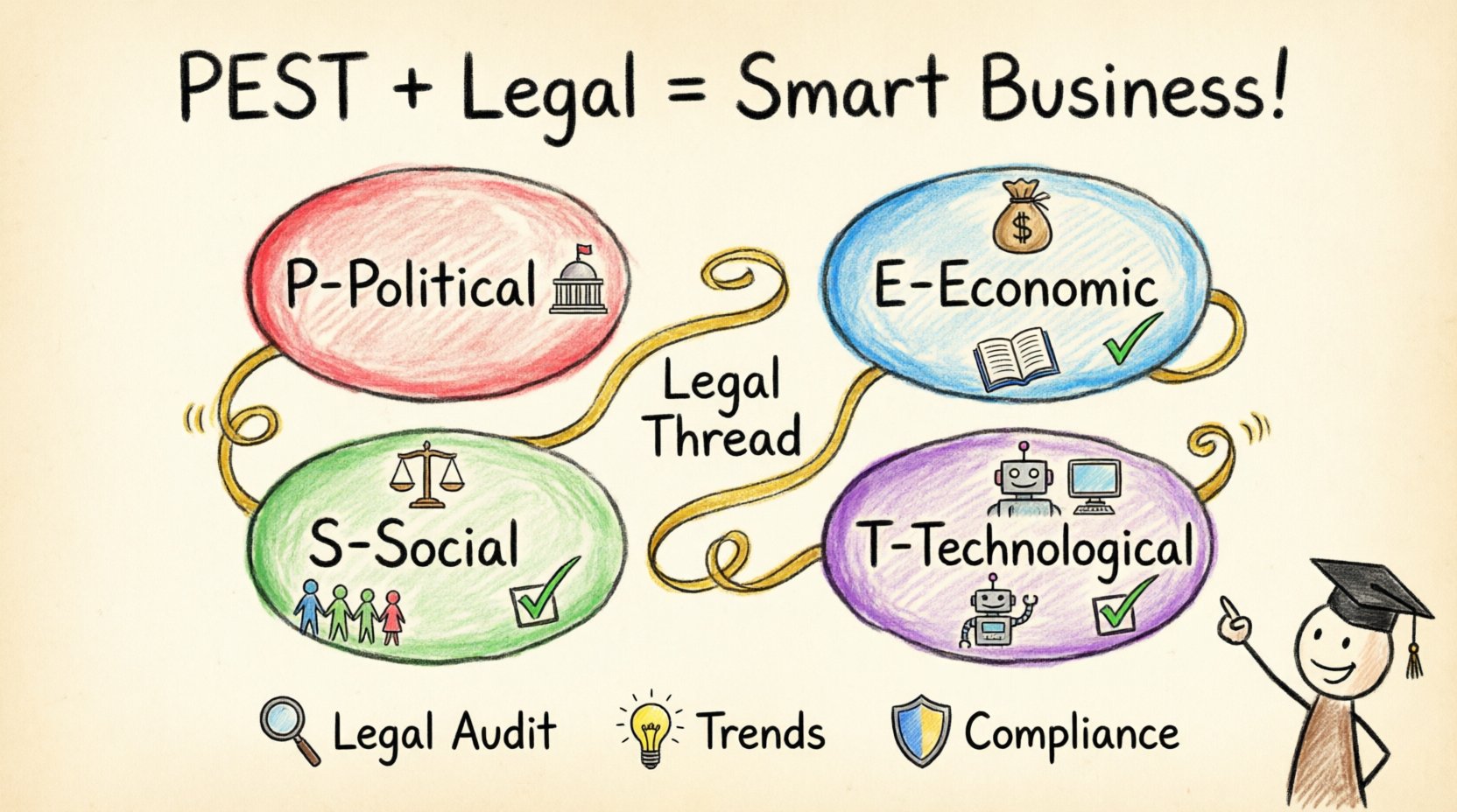 Child-style hand-drawn infographic showing how legal considerations integrate into PEST analysis framework for business courses, featuring four colorful sections for Political, Economic, Social, and Technological factors with legal elements like scales of justice, law books, and compliance icons woven throughout, designed in playful crayon art style for educational use