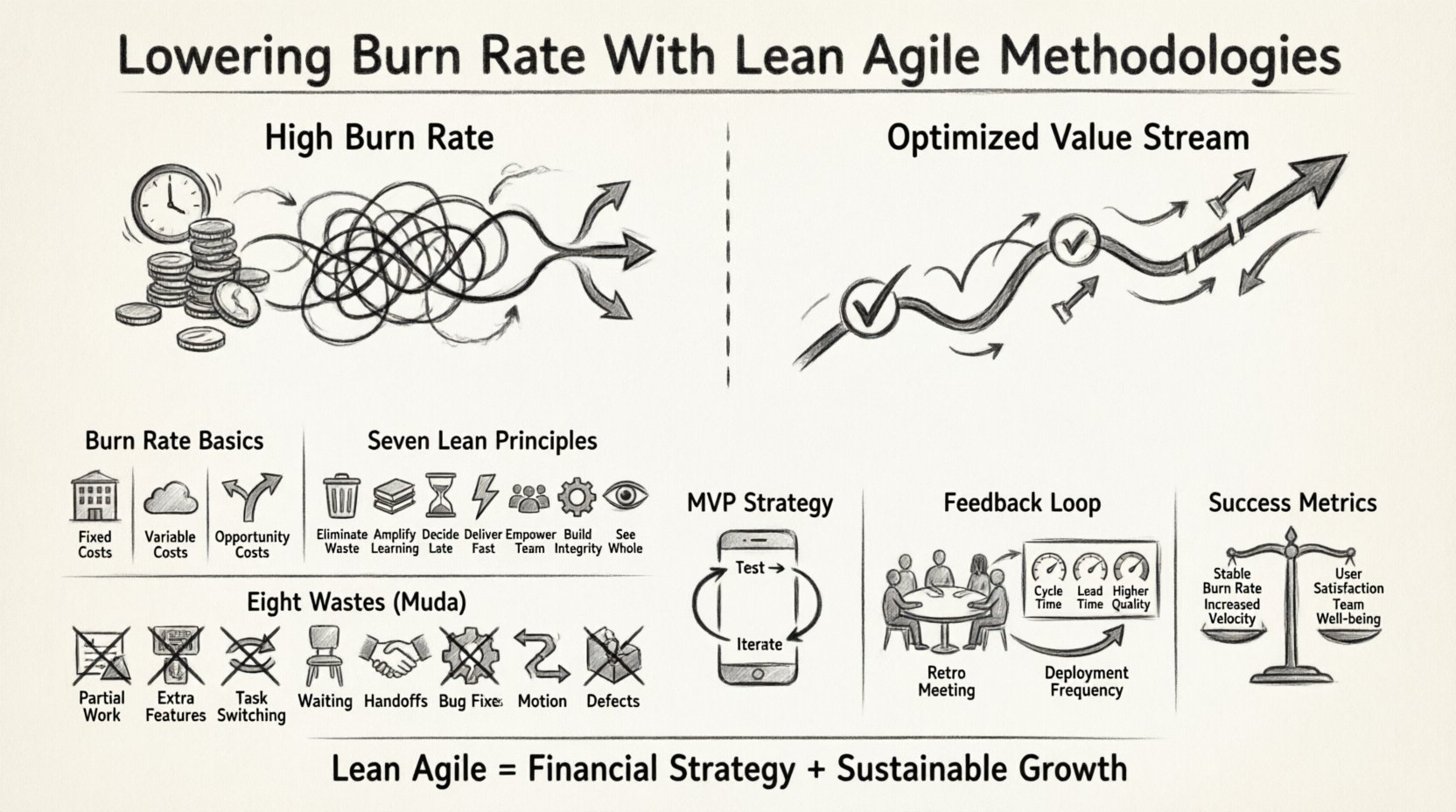 Charcoal contour sketch infographic showing how Lean Agile methodologies lower software development burn rate: visualizes burn rate cost categories, seven Lean principles, eight types of waste (Muda), MVP strategy cycle, feedback loops with key metrics (cycle time, lead time, deployment frequency), and success indicators for sustainable financial health