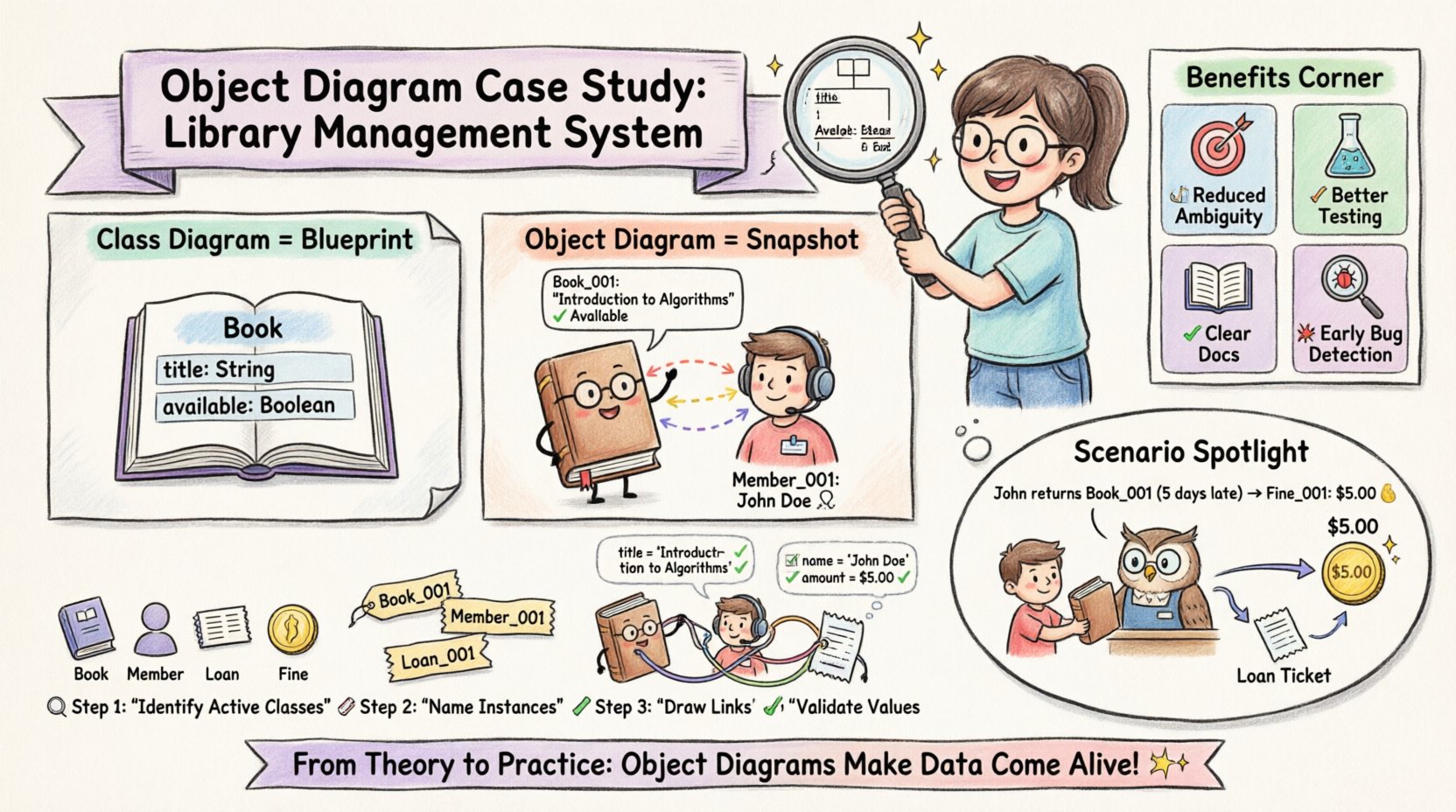 Whimsical infographic illustrating an object diagram case study for a Library Management System student project, showing the difference between class diagrams (blueprints) and object diagrams (snapshots), with a step-by-step modeling process, a scenario of John Doe returning an overdue book triggering a fine, and key benefits like reduced ambiguity, improved testing accuracy, better documentation, and early bug detection