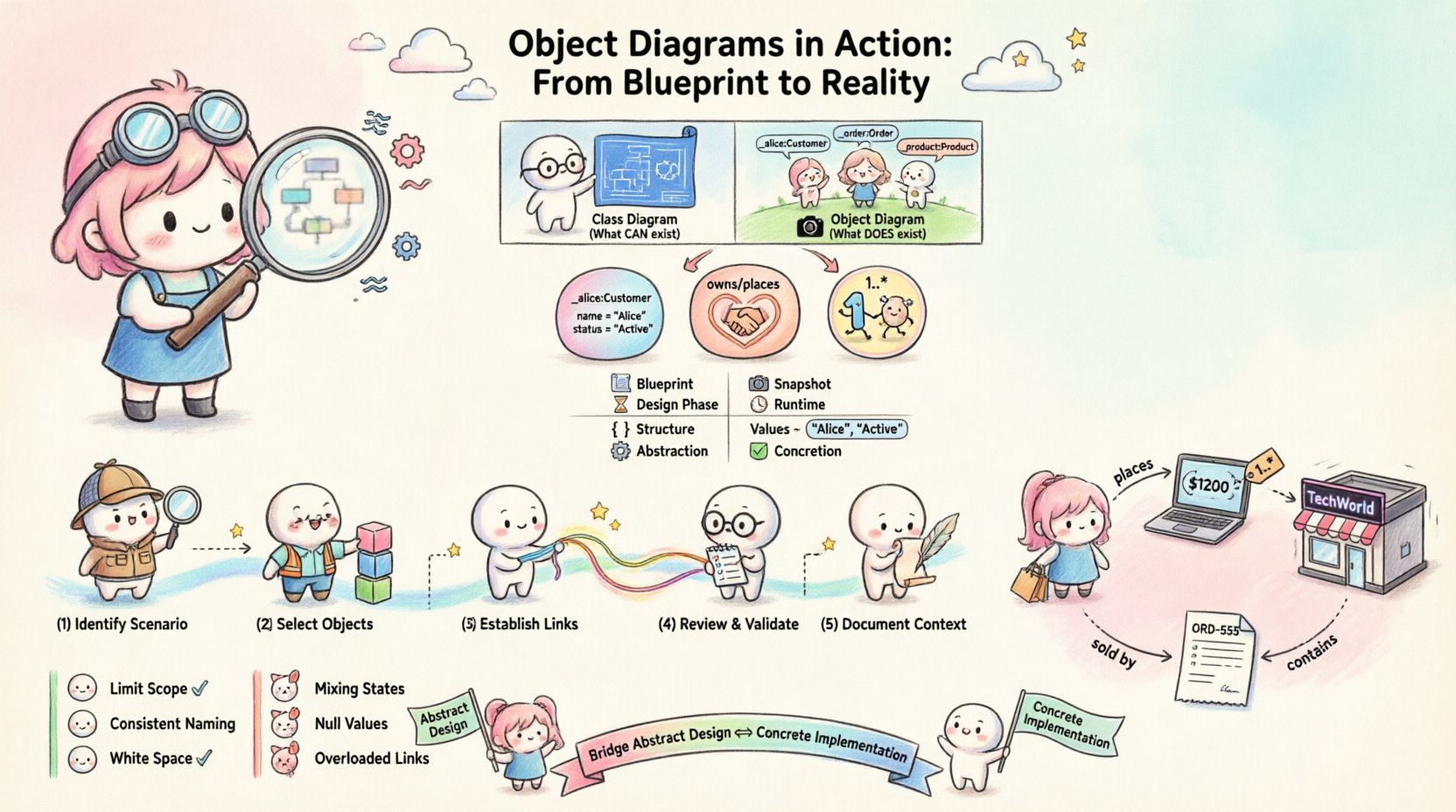 Chibi-style infographic explaining UML Object Diagrams: visual comparison of class vs object diagrams, key components (instances, links, multiplicity), 5-step creation workflow, e-commerce example with Customer Alice purchasing a Laptop from TechWorld store, best practices checklist, and common pitfalls to avoid - all illustrated with cute kawaii characters and pastel colors in 16:9 format