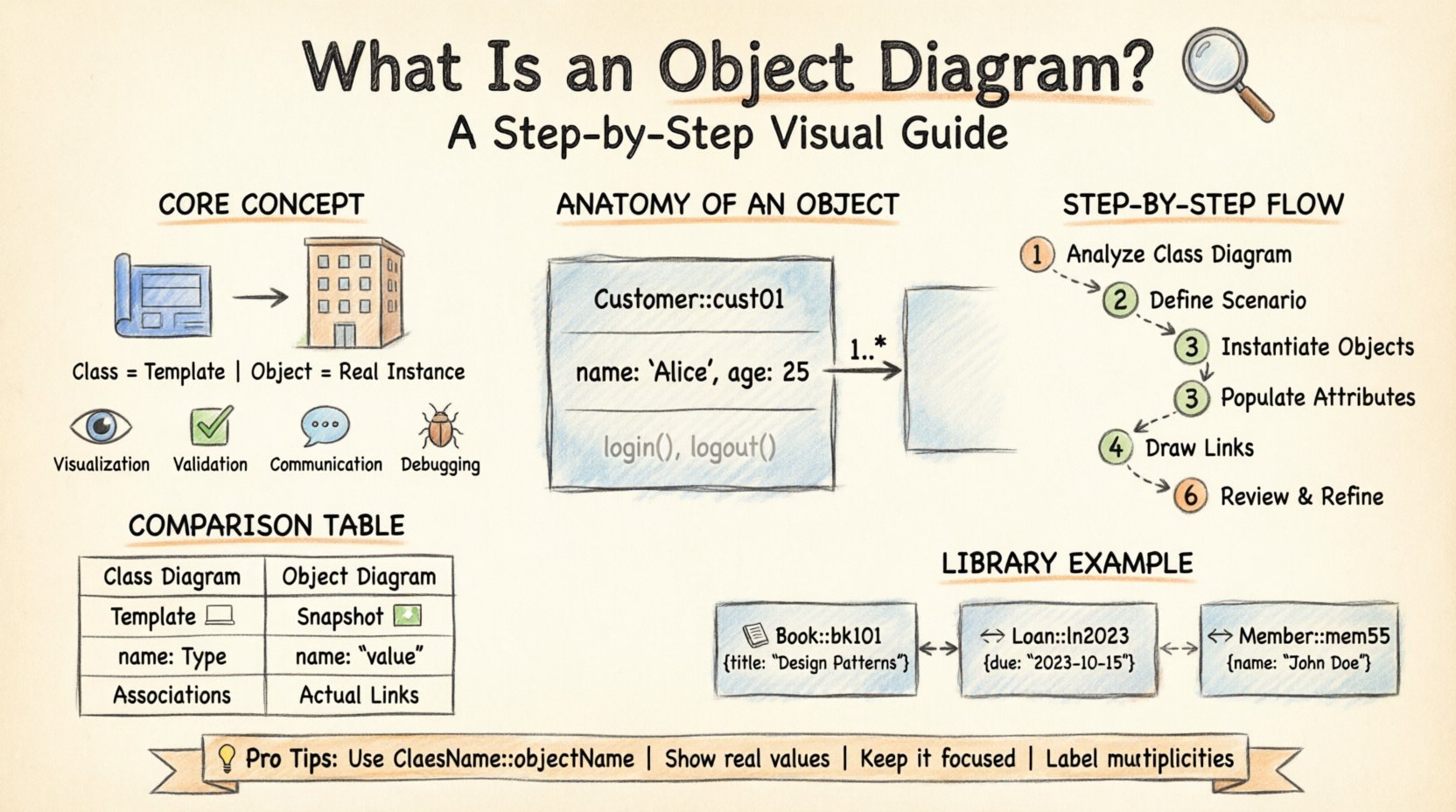 Hand-drawn infographic explaining Object Diagrams in UML: shows core concept (snapshot vs blueprint), anatomy of objects with three compartments (name, attribute values, methods), six-step creation process, comparison table between Class and Object Diagrams, and a library system example connecting Book, Loan, and Member objects with labeled links and attribute values, all illustrated in sketchy pencil style with soft watercolor accents on a warm paper background