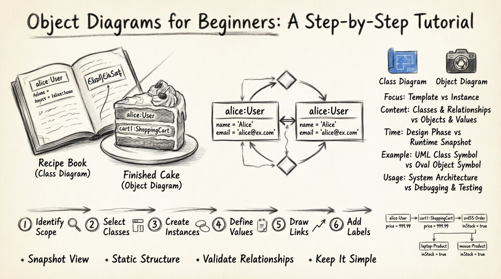 Charcoal sketch infographic teaching object diagrams for beginners: illustrates UML object diagram components including object instances with three-section rectangles, links with aggregation/composition diamonds, class vs object diagram comparison, six-step creation workflow, and online store example with alice:User, cart1:ShoppingCart, and product objects in hand-drawn artistic style for software modeling education