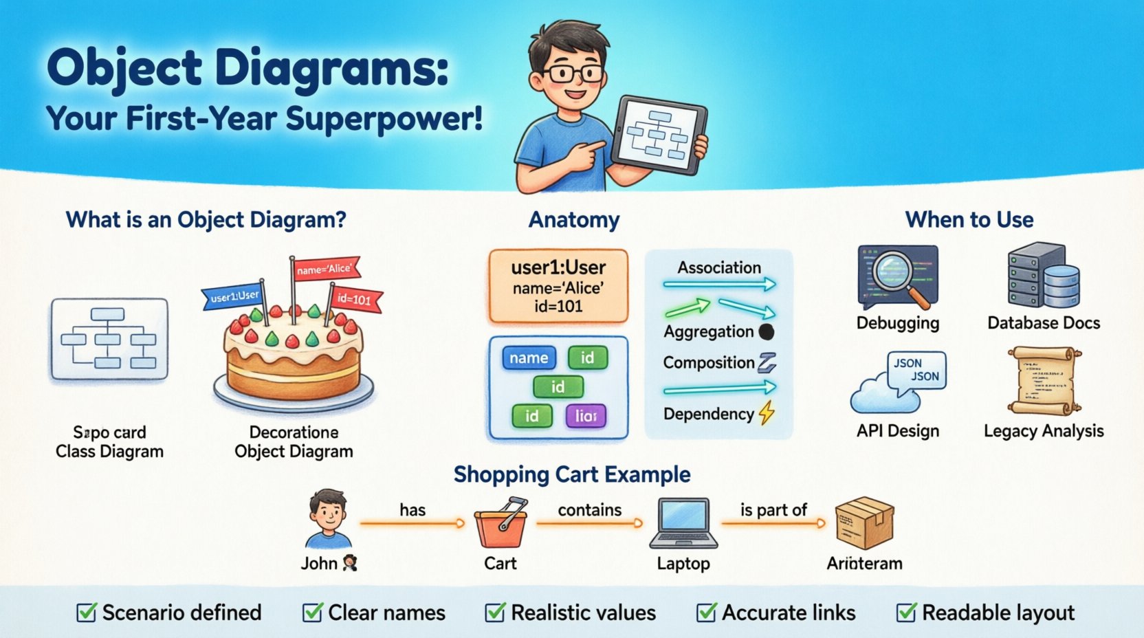 Cartoon infographic explaining object diagrams for beginner software developers: shows what object diagrams are (snapshot of system instances vs class diagram blueprints), anatomy including objects with attributes/values and relationship links (association, aggregation, composition, dependency), four key use cases (debugging, database documentation, API design, legacy analysis), and a shopping cart example with customer, cart, product instances connected. Includes beginner checklist and UML notation tips in vibrant, approachable cartoon style.