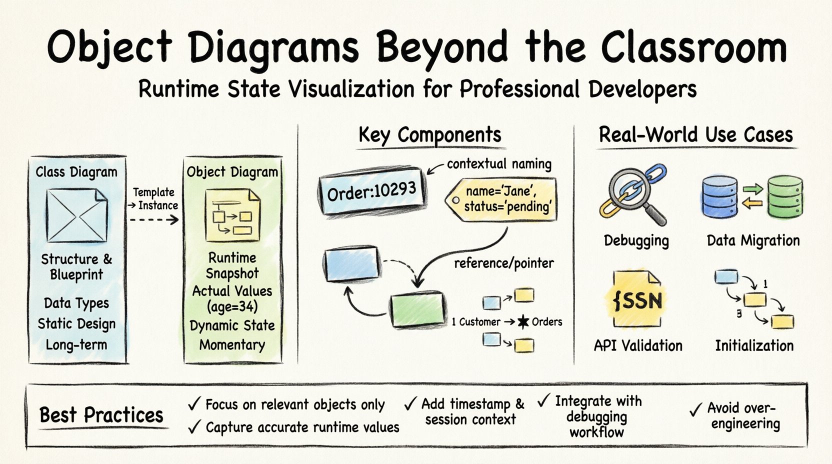 Hand-drawn infographic illustrating object diagrams in professional software engineering: compares class diagrams vs object diagrams, shows key components like instances with contextual names and actual attribute values, visualizes real-world use cases including debugging memory leaks and API validation, and lists best practices for runtime state visualization with thick outline sketch style
