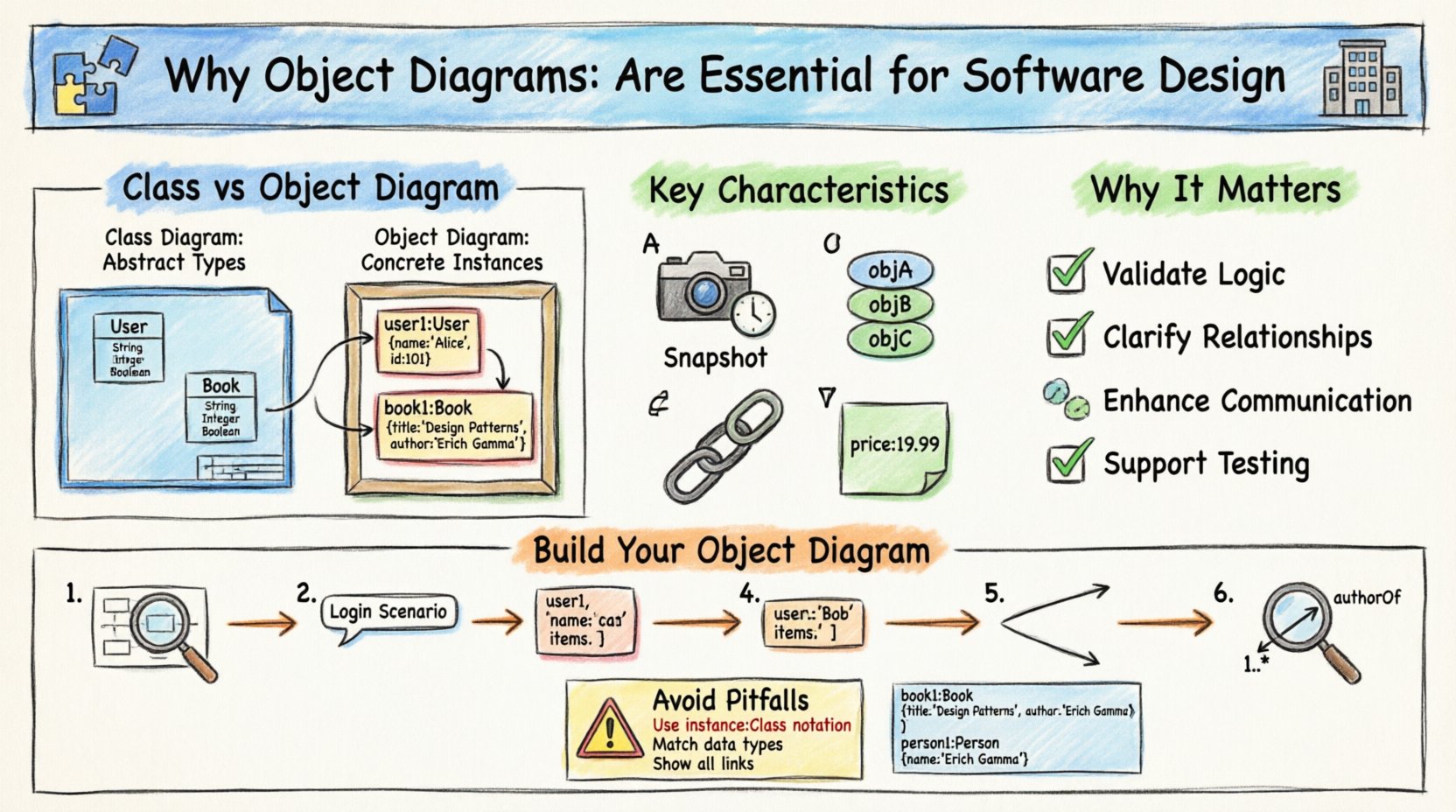 Marker illustration infographic: Object diagrams vs class diagrams in software design, showing snapshot instances, key characteristics, benefits for validation and testing, step-by-step creation guide, and library system example with Book and Person objects