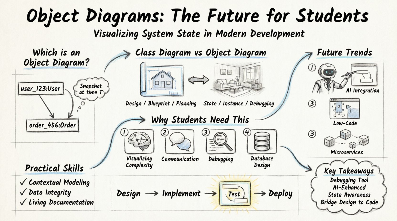 Sketch-style infographic explaining object diagrams in UML for software development students, covering definitions, class vs object diagram comparison, educational benefits, future trends including AI and microservices, practical skills, and student project workflow in a 16:9 hand-drawn visual format