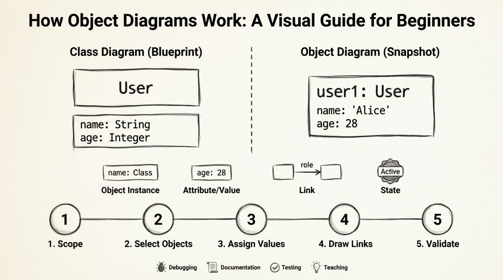 Line art infographic explaining UML object diagrams for software engineering beginners: compares class diagrams (abstract blueprints with data types) versus object diagrams (concrete snapshots with actual values), illustrates four core components (object instances, attributes with values, links, state), shows a 5-step creation process, and highlights common use cases including debugging, documentation, testing, and education