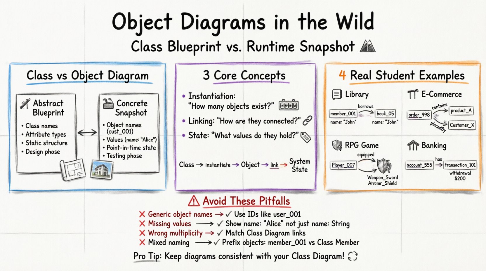 Hand-drawn whiteboard infographic explaining UML Object Diagrams vs Class Diagrams with real student project examples including library management, e-commerce cart, RPG inventory, and banking transactions, showing instantiation, linking, state concepts, and common pitfalls to avoid