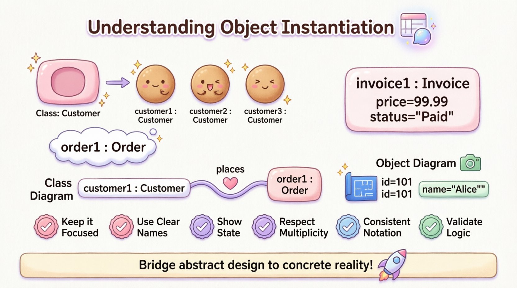 Kawaii-style infographic explaining UML object instantiation with pastel-colored rounded boxes showing class-to-object cookie cutter analogy, naming syntax example order1:Order, attribute values display, links between object instances, class vs object diagram comparison, and best practices checklist for software modeling