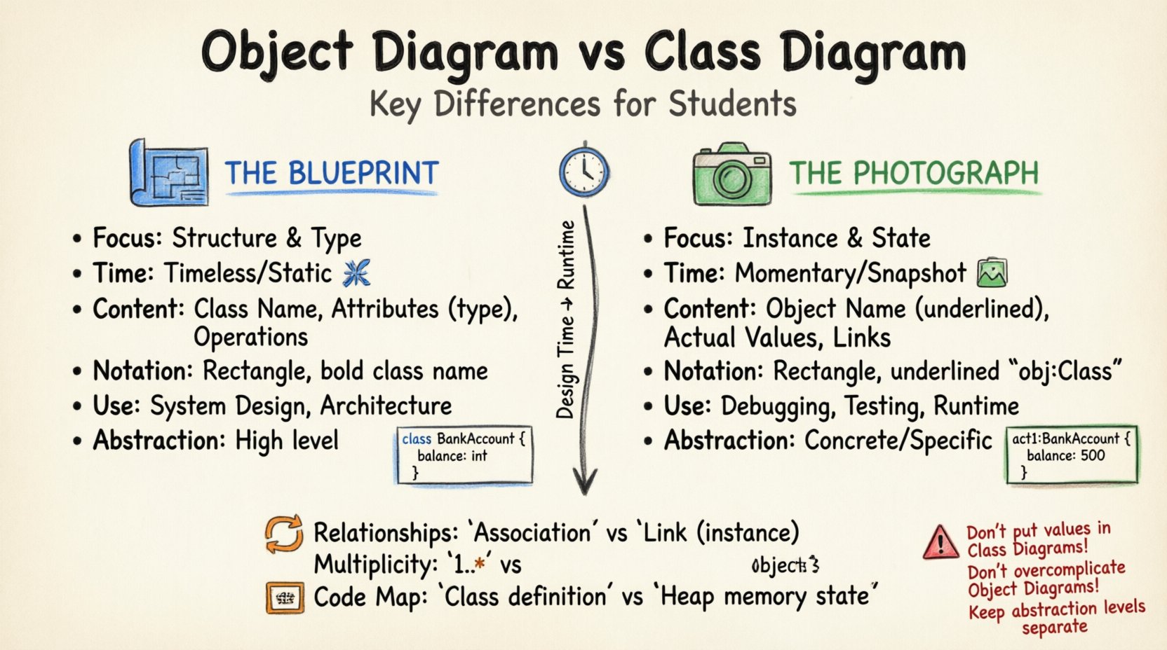 Hand-drawn whiteboard infographic comparing UML Class Diagrams and Object Diagrams for software engineering students, showing key differences in focus, time dimension, notation, use cases, relationships, and code mapping with color-coded markers for blueprint vs snapshot concepts