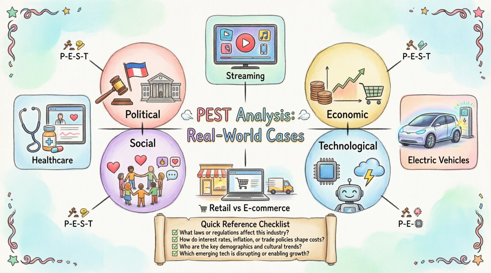 Whimsical infographic illustrating PEST Analysis framework with Political, Economic, Social, and Technological factors, featuring real-world examples from streaming media, electric vehicles, retail vs e-commerce, and healthcare industries, with colorful illustrated icons and quick reference guide