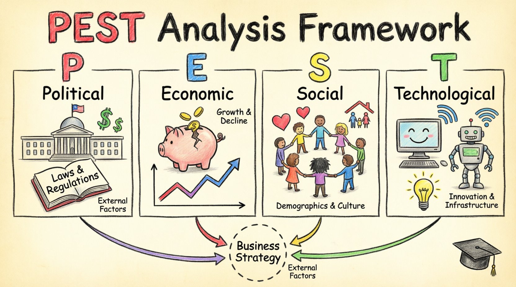 Child-style hand-drawn infographic illustrating the PEST Analysis Framework with four colorful sections: Political (government building, tax policy), Economic (coins, growth charts), Social (diverse people, community icons), and Technological (computers, innovation symbols), designed as an educational visual study guide for business students learning strategic environmental scanning
