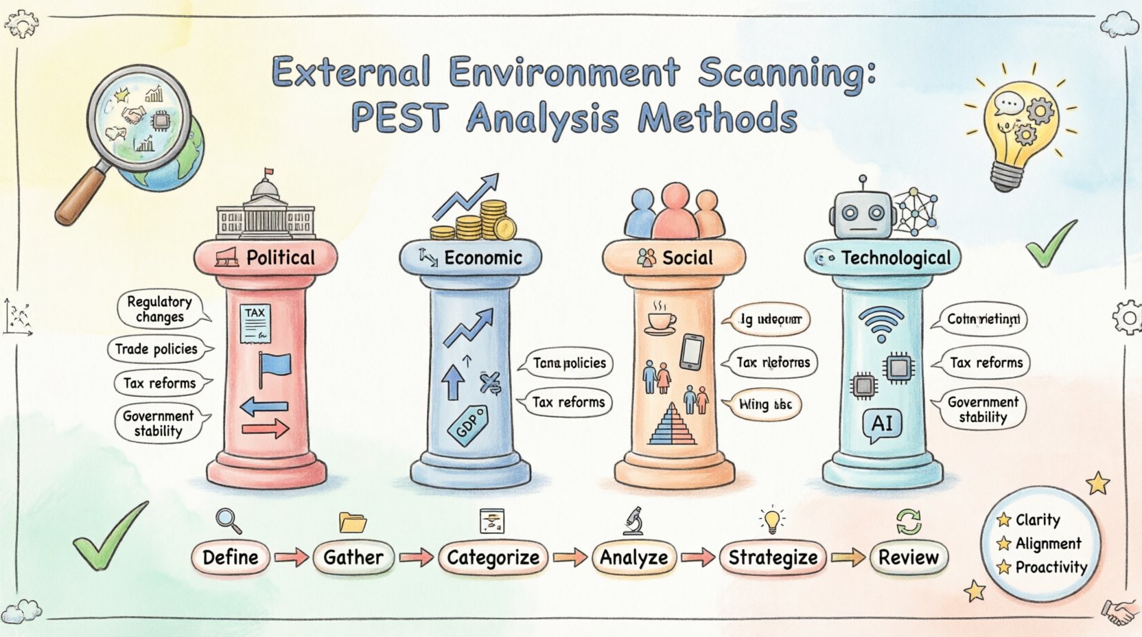 Whimsical infographic illustrating PEST Analysis methods for external environment scanning, featuring four macro-environmental pillars: Political (government policy, tax, trade), Economic (GDP, inflation, interest rates), Social (demographics, culture, lifestyle), and Technological (automation, innovation, infrastructure), plus a 6-step implementation workflow and key strategic benefits for business planning