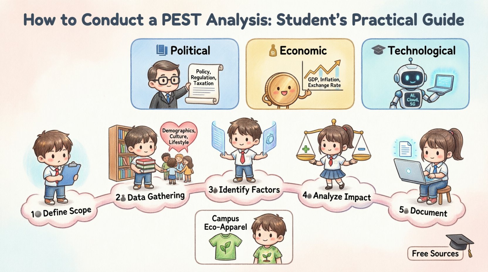 Chibi-style infographic guide showing how students can conduct a PEST Analysis, featuring four pillars: Political, Economic, Social, and Technological factors, with a 5-step workflow process, practical eco-apparel example, and free research sources, designed in cute anime illustration style for educational use