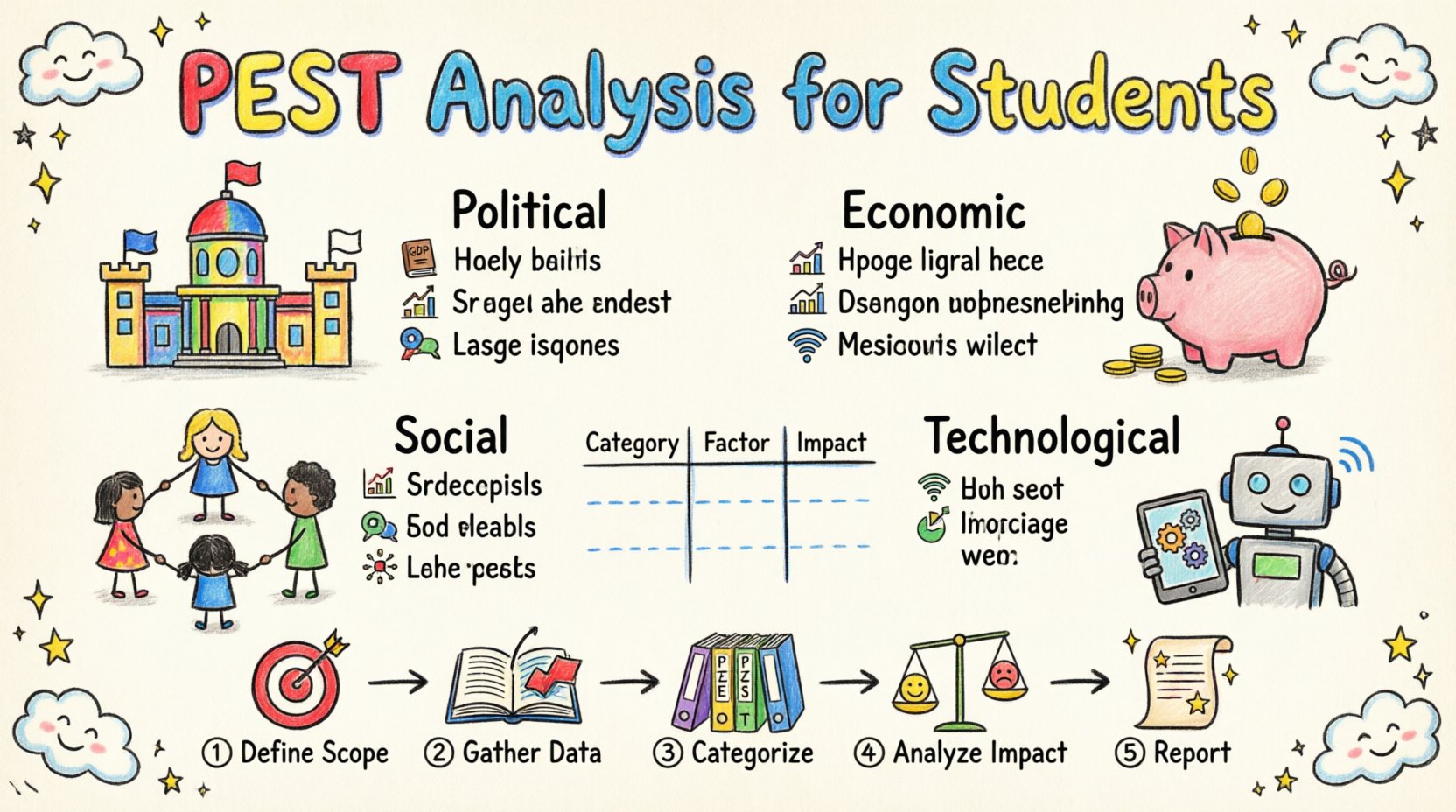 Child-style hand-drawn infographic summarizing PEST analysis framework for students: Political, Economic, Social, and Technological factors with icons, plus 5 simple steps—define scope, gather data, categorize findings, analyze impact, synthesize report—in colorful crayon aesthetic, 16:9 educational illustration