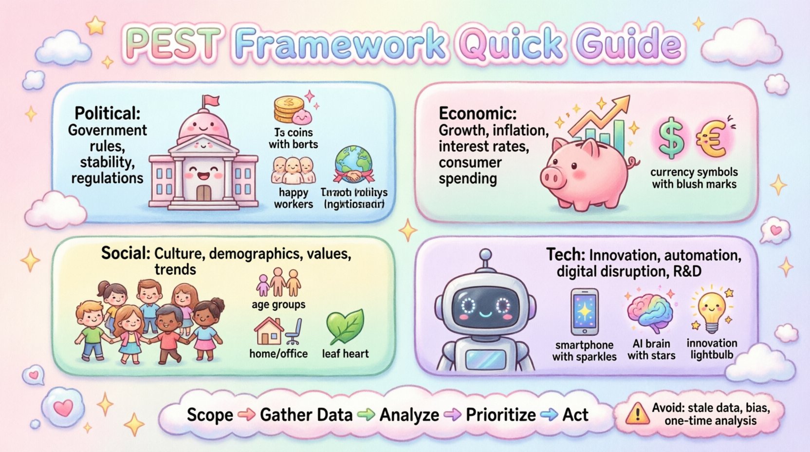 Kawaii-style infographic illustrating the PEST Framework components: Political (government policy, regulations), Economic (growth, inflation, interest rates), Social (demographics, culture, trends), and Technological (innovation, automation, digital disruption). Features cute pastel illustrations, icons, and a quick-reference checklist for strategic business analysis in 16:9 format.