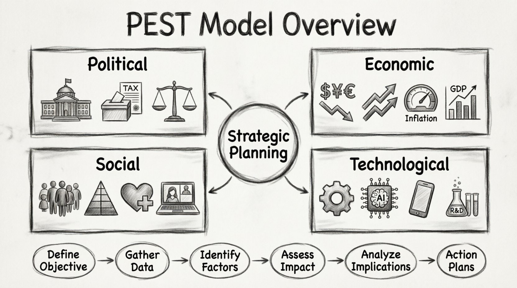 Charcoal contour sketch infographic of the PEST model for environmental scanning, featuring four quadrants: Political (government policy, tax, trade regulations), Economic (GDP, inflation, interest rates), Social (demographics, cultural trends, remote work), and Technological (innovation, automation, R&D), with a central strategic planning hub and six-step implementation flowchart for business strategy development