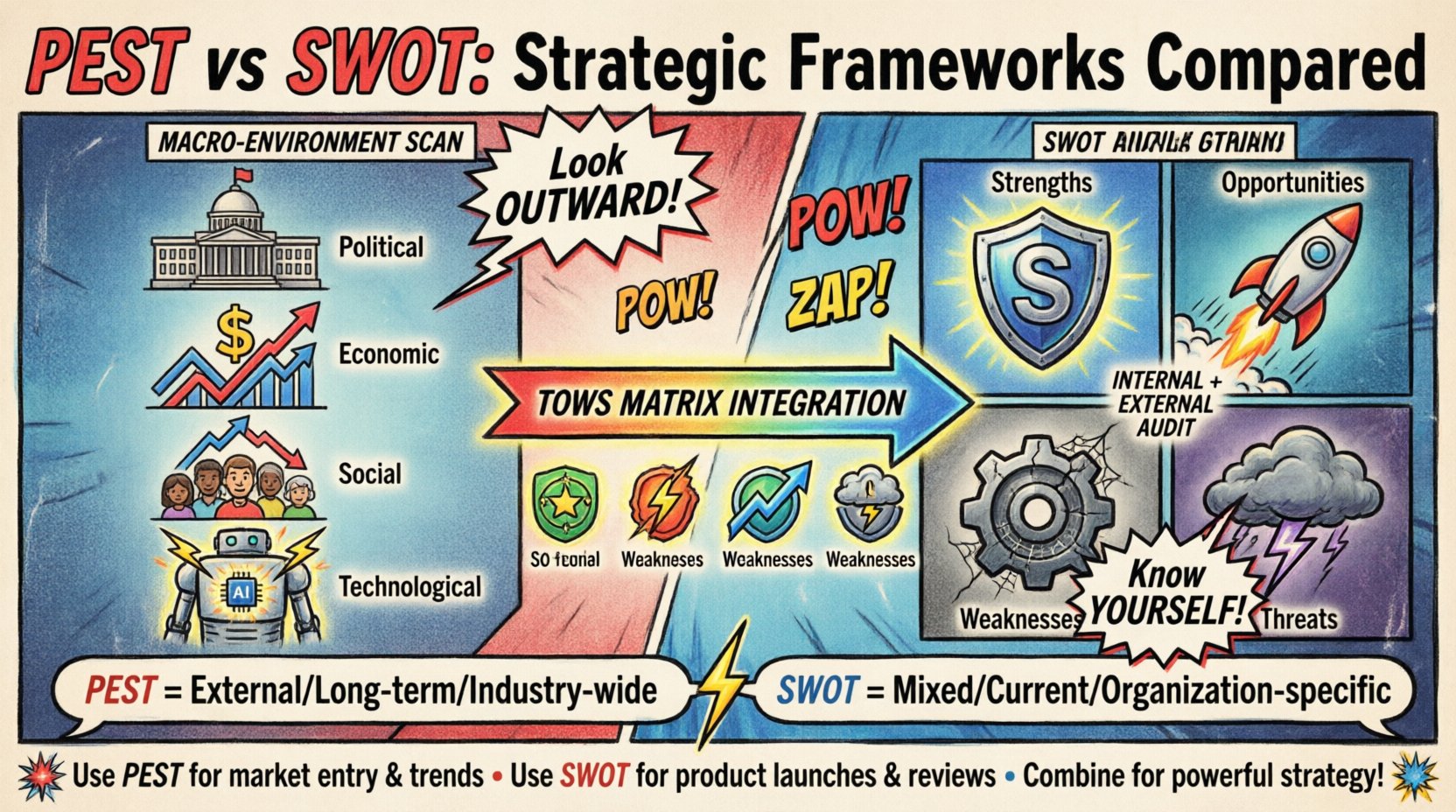 Comic book style infographic comparing PEST analysis (Political, Economic, Social, Technological external factors) and SWOT analysis (Strengths, Weaknesses, Opportunities, Threats internal/external framework) for strategic business planning, showing key differences, use cases, and integration via TOWS matrix in vibrant 16:9 widescreen format