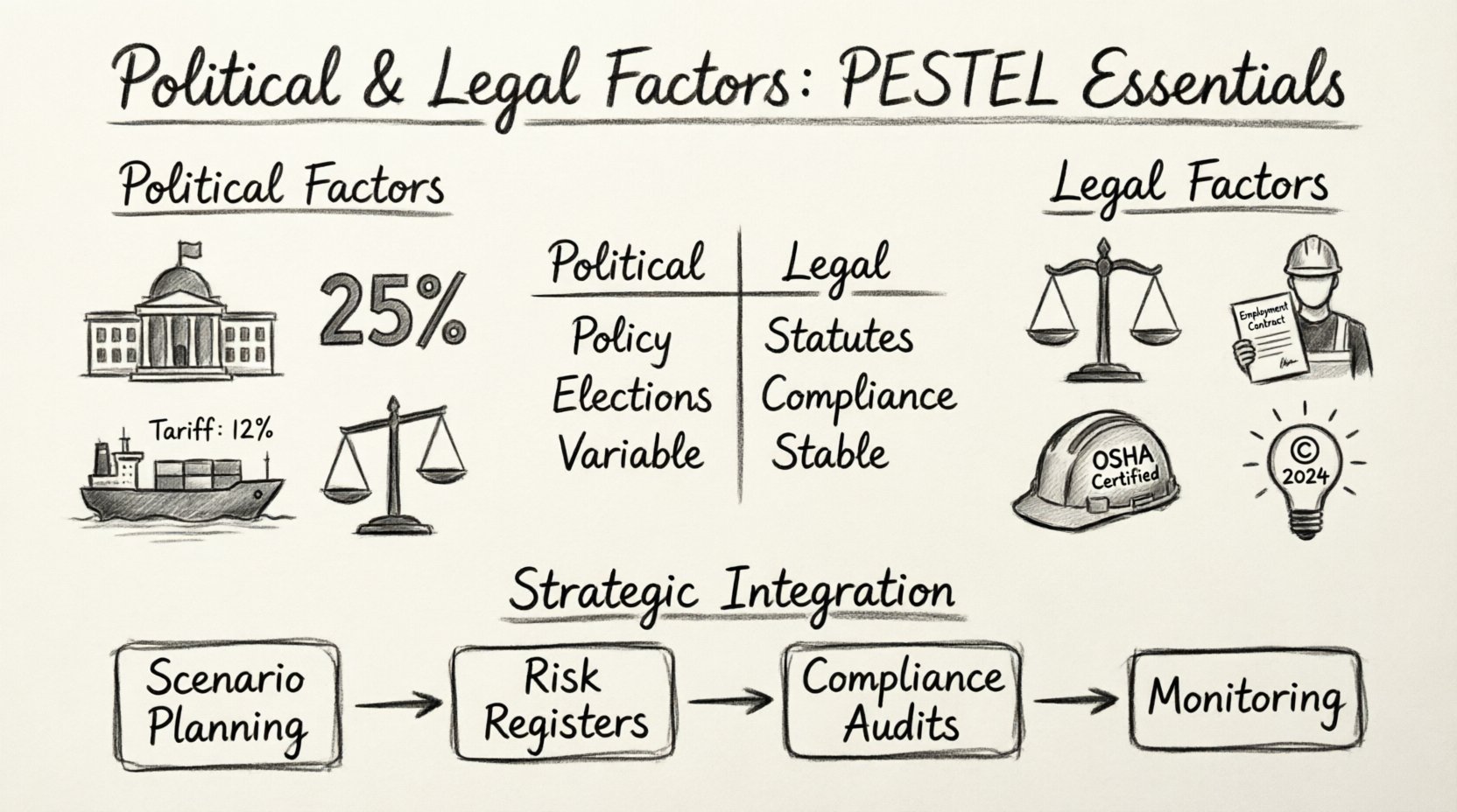 Charcoal contour sketch infographic illustrating PESTEL analysis political and legal factors for business strategy, featuring taxation policies, trade restrictions, employment laws, consumer protection, and compliance frameworks with hand-drawn icons and visual comparison table