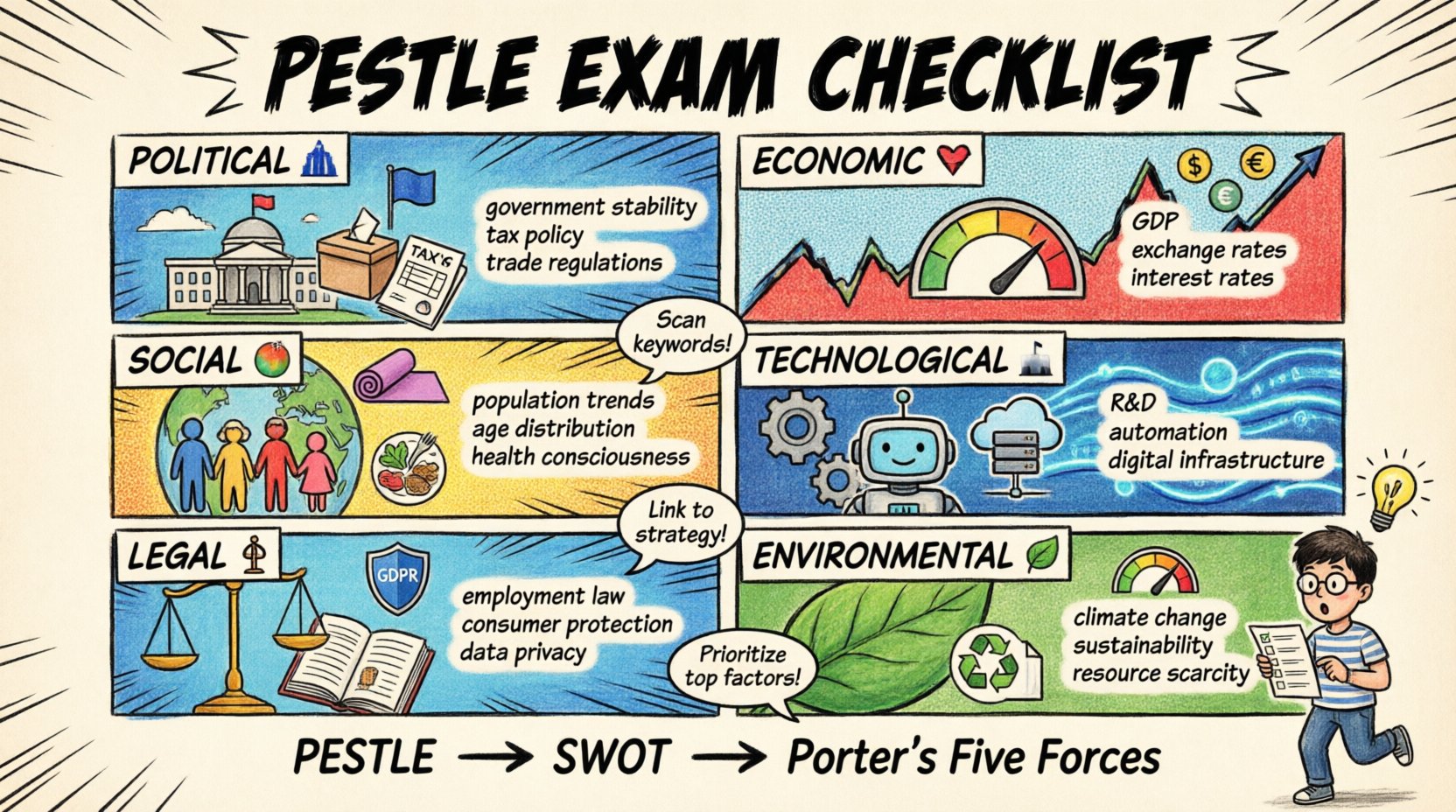 Comic book style infographic illustrating the PESTLE analysis framework for business strategy exam preparation, featuring six colorful panels for Political, Economic, Social, Technological, Legal, and Environmental factors with key checklist items, exam application tips, and strategic integration guidance for students