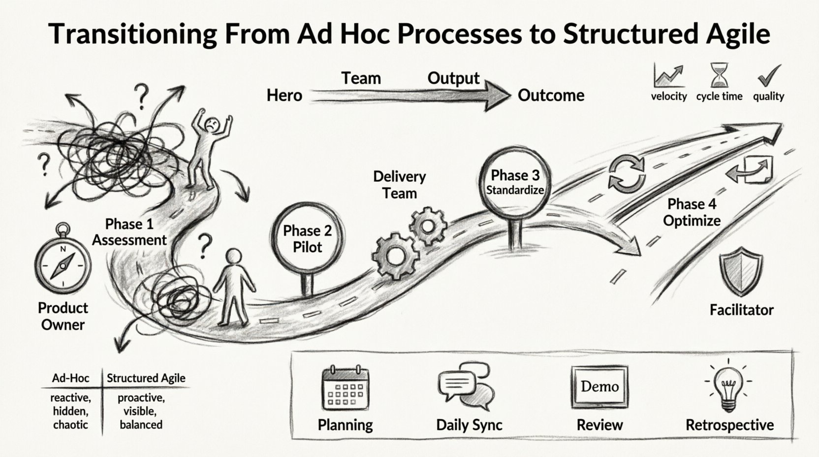 Charcoal contour sketch infographic illustrating the journey from chaotic ad-hoc processes to structured agile framework, featuring a four-phase transition roadmap (Assessment, Pilot, Standardization, Optimization), key agile roles (Product Owner with compass, Delivery Team with interlocking gears, Facilitator with shield), core ceremonies icons (Planning, Daily Sync, Review, Retrospective), before/after workflow comparison showing reactive vs proactive prioritization and hidden vs visible work, plus mindset shift arrows from hero-to-team and output-to-outcome, all rendered in artistic hand-drawn charcoal style with strong contour lines and professional visual hierarchy on 16:9 canvas