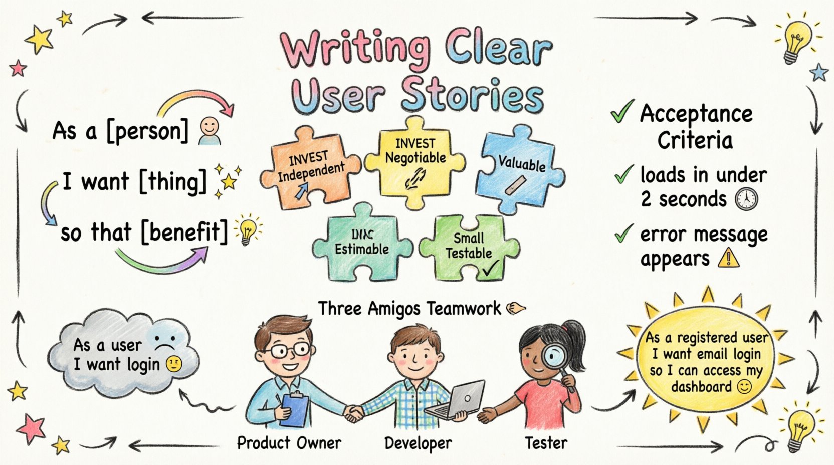 Hand-drawn child-style infographic explaining how to write clear user stories for Agile developers, featuring the As-I-So-That template, six INVEST criteria puzzle pieces, acceptance criteria checklist examples, and Three Amigos collaboration model in bright crayon colors with playful illustrations